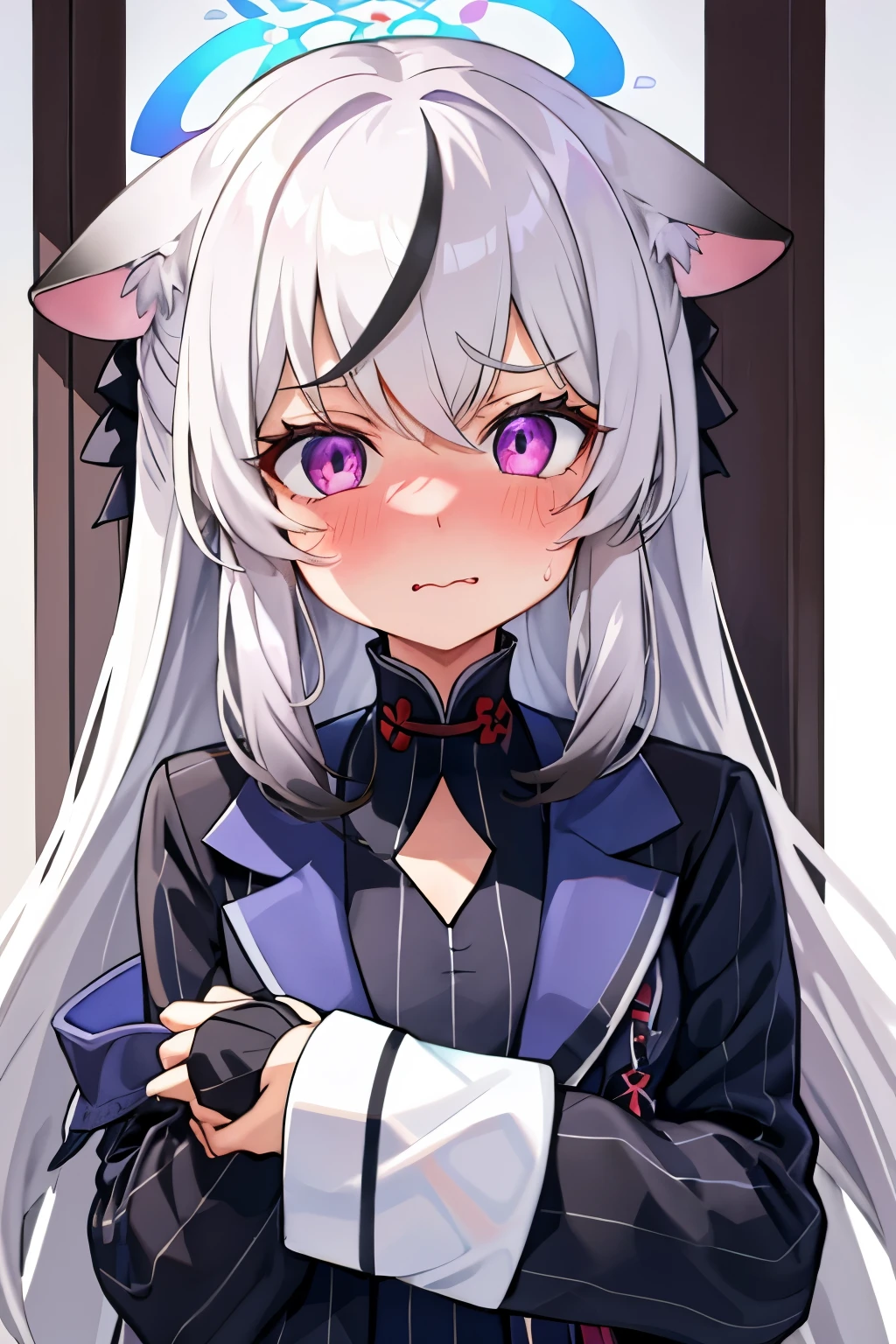 1girl, kokona, indoors, purple eyes, white hair, :3 mouth, embarrassed, beautiful eyes, beautiful lips, shiny lips, extremely detailed eyes and face, long eyelashes, close-up, warm lighting, vibrant colors, looking at the viewer, embarrassed look, blush, Winter suit, winter wonder