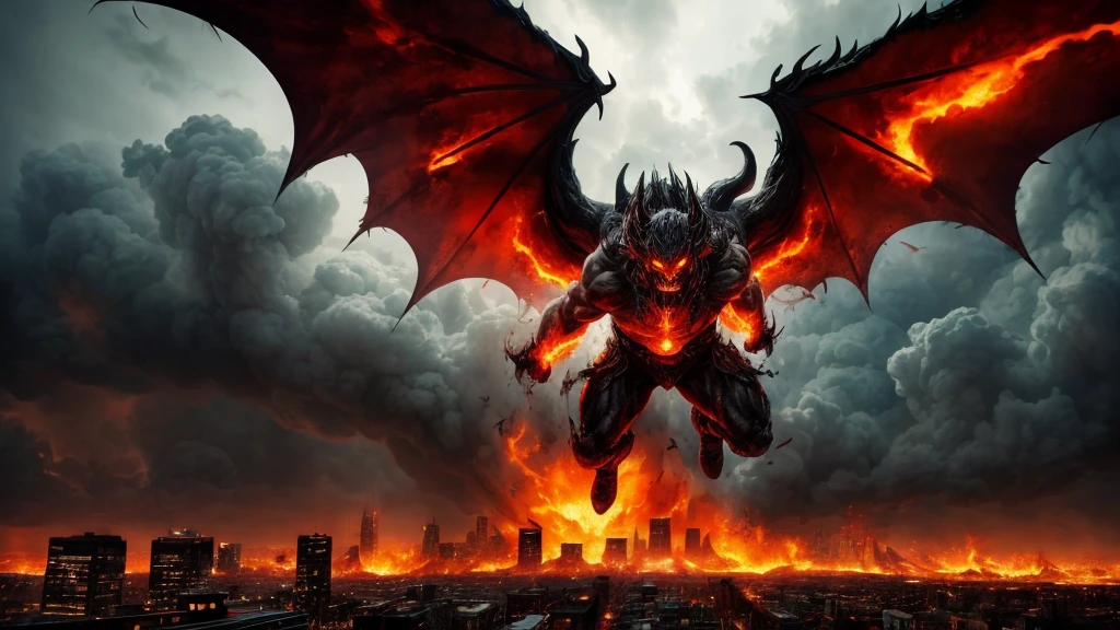 (best quality,4k,8k,highres,masterpiece:1.2),ultra-detailed,(realistic,photorealistic,photo-realistic:1.37),lava demon approaching the city,flying in the sky,lava flows running down the demon's body,intense heat radiating from the demon's skin,giant wings spread wide,fear-inducing demon eyes,powerful fiery breath,citizens running in fear,tall buildings crumbling under the demon's presence,smoke and ashes filling the air,infernal aura surrounding the demon,city engulfed in chaos and destruction,nightmarish scenery,demonic energy infusing the environment,dark red and orange color tones,ominous shadows cast by the demon,glowing hot lava illuminating the surroundings,flames engulfing the demon's body,stormy clouds gathering above the city,terrifying roars shaking the ground,strong rays of sunlight piercing through the smoke,details of the demon's muscular physique and fiery texture,dramatic composition capturing the intensity of the scene,contrast between the demon's menacing presence and the fragility of the city,expression of the desperation and despair felt by the city's inhabitants,evocative and captivating artwork.