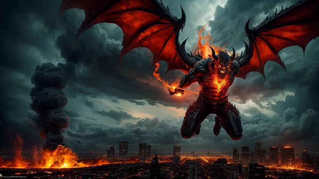 (best quality,4k,8k,highres,masterpiece:1.2),ultra-detailed,(realistic,photorealistic,photo-realistic:1.37),lava demon approaching the city,flying in the sky,lava flows running down the demon's body,intense heat radiating from the demon's skin,giant wings spread wide,fear-inducing demon eyes,powerful fiery breath,citizens running in fear,tall buildings crumbling under the demon's presence,smoke and ashes filling the air,infernal aura surrounding the demon,city engulfed in chaos and destruction,nightmarish scenery,demonic energy infusing the environment,dark red and orange color tones,ominous shadows cast by the demon,glowing hot lava illuminating the surroundings,flames engulfing the demon's body,stormy clouds gathering above the city,terrifying roars shaking the ground,strong rays of sunlight piercing through the smoke,details of the demon's muscular physique and fiery texture,dramatic composition capturing the intensity of the scene,contrast between the demon's menacing presence and the fragility of the city,expression of the desperation and despair felt by the city's inhabitants,evocative and captivating artwork.