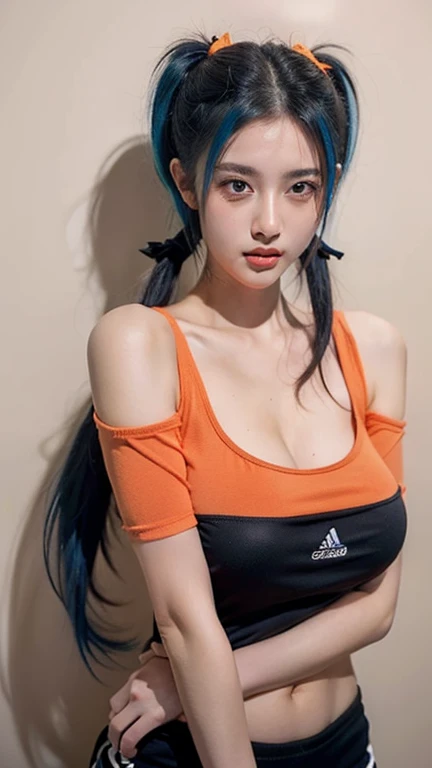 21yo girl, blue hair, (twintail Hair). Bitting her lower lip while closing her eye,Wearing orange oversize t-shirt,, show shoulders, cleavage, show big thigh, Ultra Gigantic breasts:1.6 ,hands holding breasts,plumpy body, standing pose , background on gym
