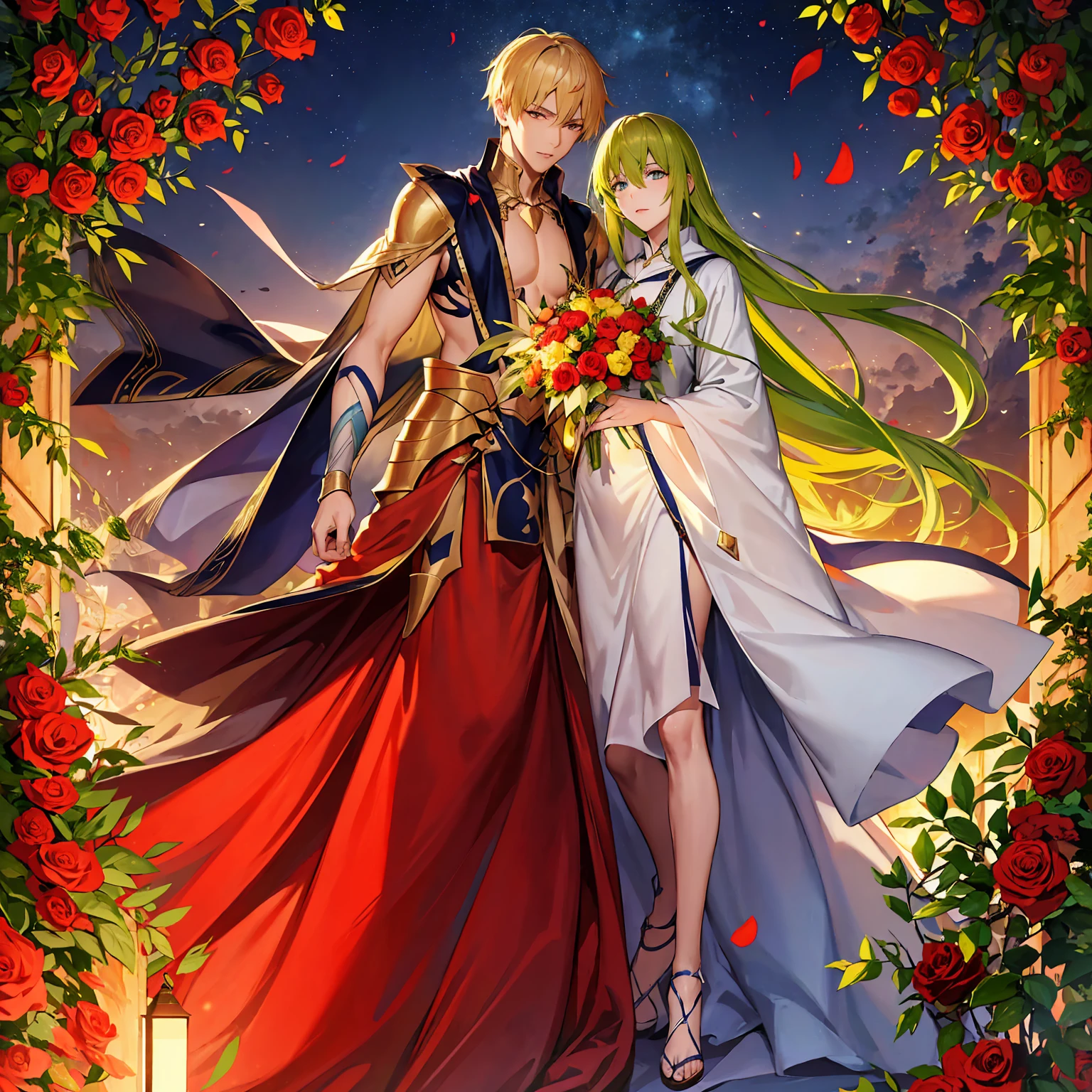 absurd resolution, high resolution, ultra detailed, HDR, master piece, best quality, extremely detailed face and eyes, beautiful vibrant eyes, caster Gilgamesh, expressive eyes, fate grand order, Enkidu, expressive eyes, gay couple, two men only, handsome, garden, red roses, petals, arabian clothes