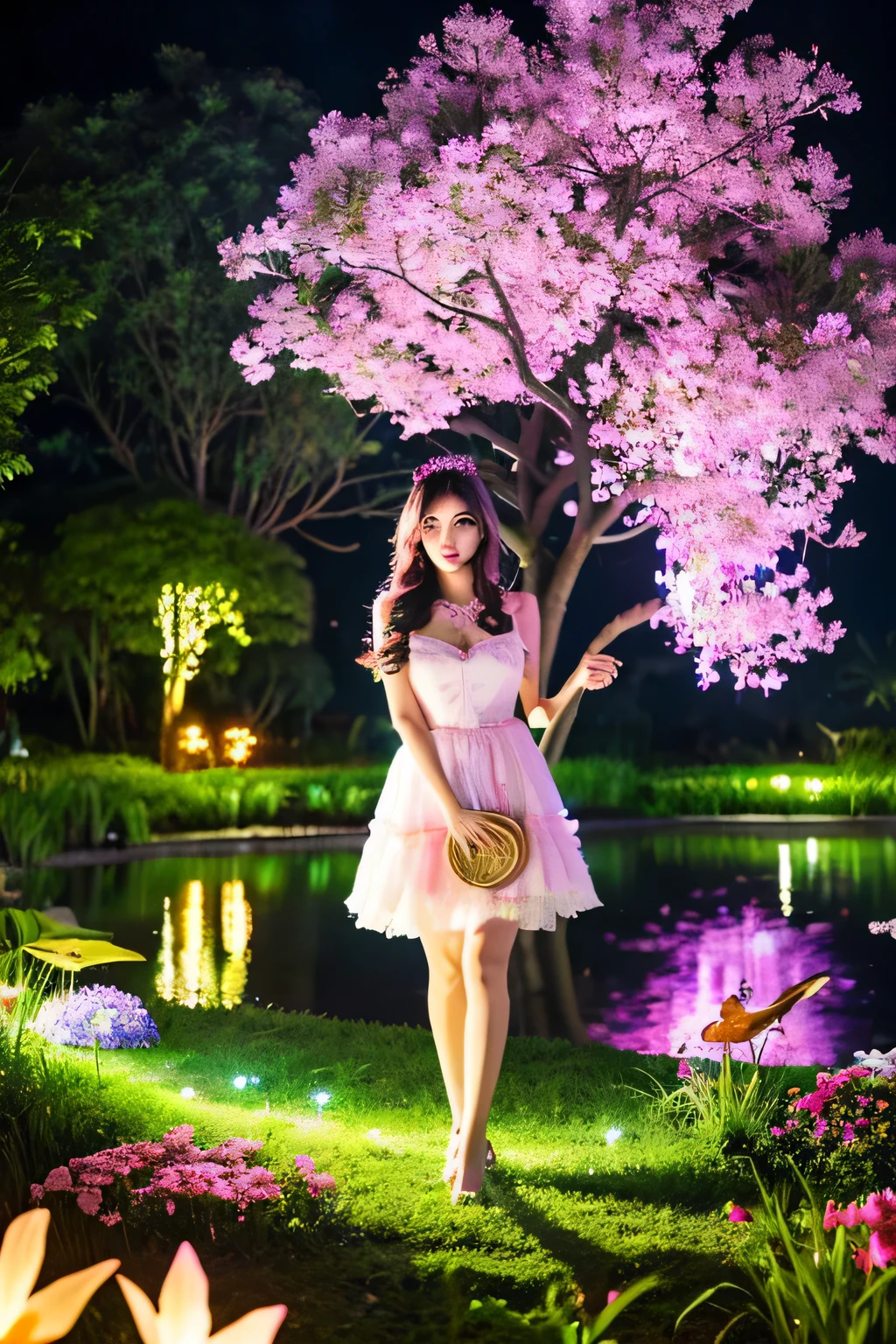 A fantasy and lively scene with a beautiful looking 22 year old Indonesian girl wearing a white mauve pink dress decorated with beautiful flowers and glowing, lit up like a neon sign. In the background there is a beautiful view featuring lush green plants, flowers and a fish pond like a fairy tale