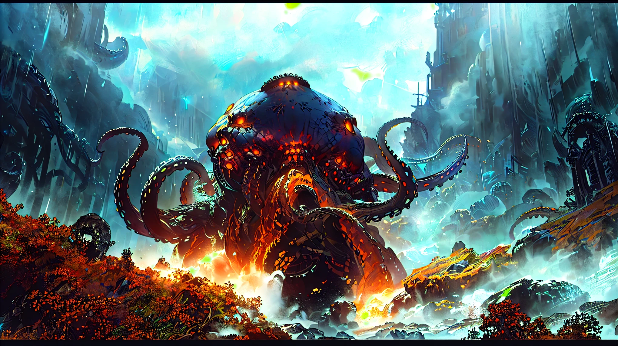 Biomechanical Octopus attack in the sky of futurist city, devastation, apocalypse, cosmic explosion in the sky, dramatic, horror art, uhd, digital art, illustration by Derek Riggs and Ed Repka