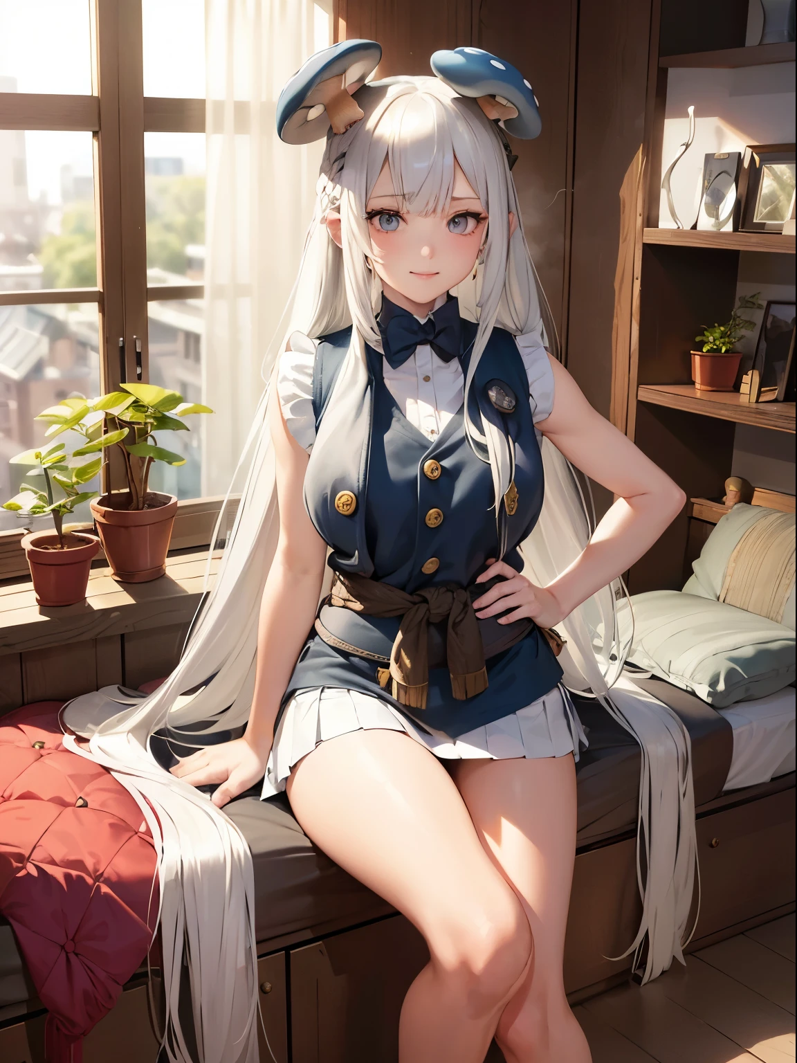 (Platinum Hair, Long hair:1.3), Small nose, Sexy lips, (Big breasts), (Awkward), Smile,
rest
(Vest, mini skirt:1.3), (Mushrooms on the head:1.3), (Hands on waist:1.3), (sitting:1.2), (from the side:0.3), (Fisheye:1.2), (muscular:0.8), (Bear:1.3), (view:1.3),
rest
(Comfortable room, plant, curtain:1.3) , (Wooden bed, sofa, Soft cushion), (spark:1.2), (Pastel colors:1.3), (Flat Color:1.2), (Surrealism, original photo),