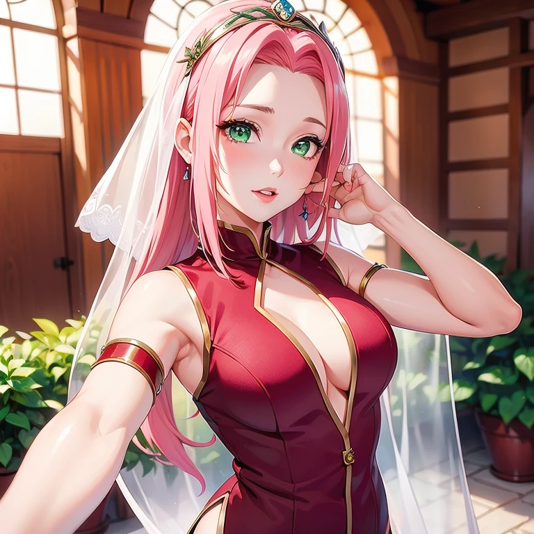 (realistic,solo,1woman,sakura-haruno,age-30:2,good-looking-figure,gorgeous-woman) (warm-skin) (dark-skin:1,5) strongly-blushing,perfect-lips,wild-haircut,dream-hair,amazing-eyes,highly-detailed-eyes,matching-eyes,green-eyes) seductive-look,sensual-look,natural-look,random-pose,seducing-you) (wearing-silken-outfit) (upper-body) (wedding-theme) (zoomed-in-camera) (ground-up-pov) (focus-on-face)
