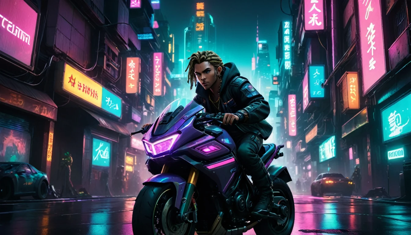 Award-winning Zelda artwork in a cyberpunk setting, neon-lit cityscape, futuristic, gritty, Vibrant colors, Detailed cybernetic enhancements, holographic projections, urban decay, by renowned digital artist, Blade Runner inspired, artstation trend, high contrast, lighting . dramatic, cinematographic composition, Masterpiece, best quality, high quality, full hd, A white man with short dreadlocks travels on futuristic motorcycles racing through the center of New York. A man with kilmonger-style hair also runs behind him on a futuristic motorcycle. They are wearing cyberpunk jackets, surrounded by cars, completely immersed in the virtual world. Neon letters of different colors bathe the room in a vibrant glow, illuminating your gaming setup and highlighting your unique style. Focus on the expression of joy and determination on his face.
