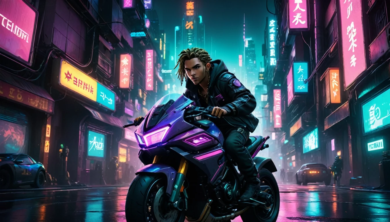 Award-winning Zelda artwork in a cyberpunk setting, neon-lit cityscape, futuristic, gritty, Vibrant colors, Detailed cybernetic enhancements, holographic projections, urban decay, by renowned digital artist, Blade Runner inspired, artstation trend, high contrast, lighting . dramatic, cinematographic composition, Masterpiece, best quality, high quality, full hd, A white man with short dreadlocks travels on futuristic motorcycles racing through the center of New York. A man with kilmonger-style hair also runs behind him on a futuristic motorcycle. They are wearing cyberpunk jackets, surrounded by cars, completely immersed in the virtual world. Neon letters of different colors bathe the room in a vibrant glow, illuminating your gaming setup and highlighting your unique style. Focus on the expression of joy and determination on his face.