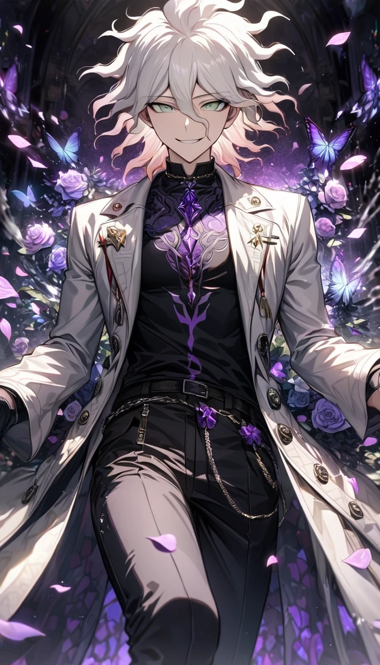 Ultra detailed, HDR, Highres, absurdres, master piece, Komaeda Nagito, white hair, expressive light green eyes, white long coat with patterns, Danganronpa, black tight shirt, purple glittering butterflies, purple ice, petals, purple ice roses, sexy man, solo, extremely detailed face and eyes, extremely handsome, glittering, water, smirking, toned chest, black gloves