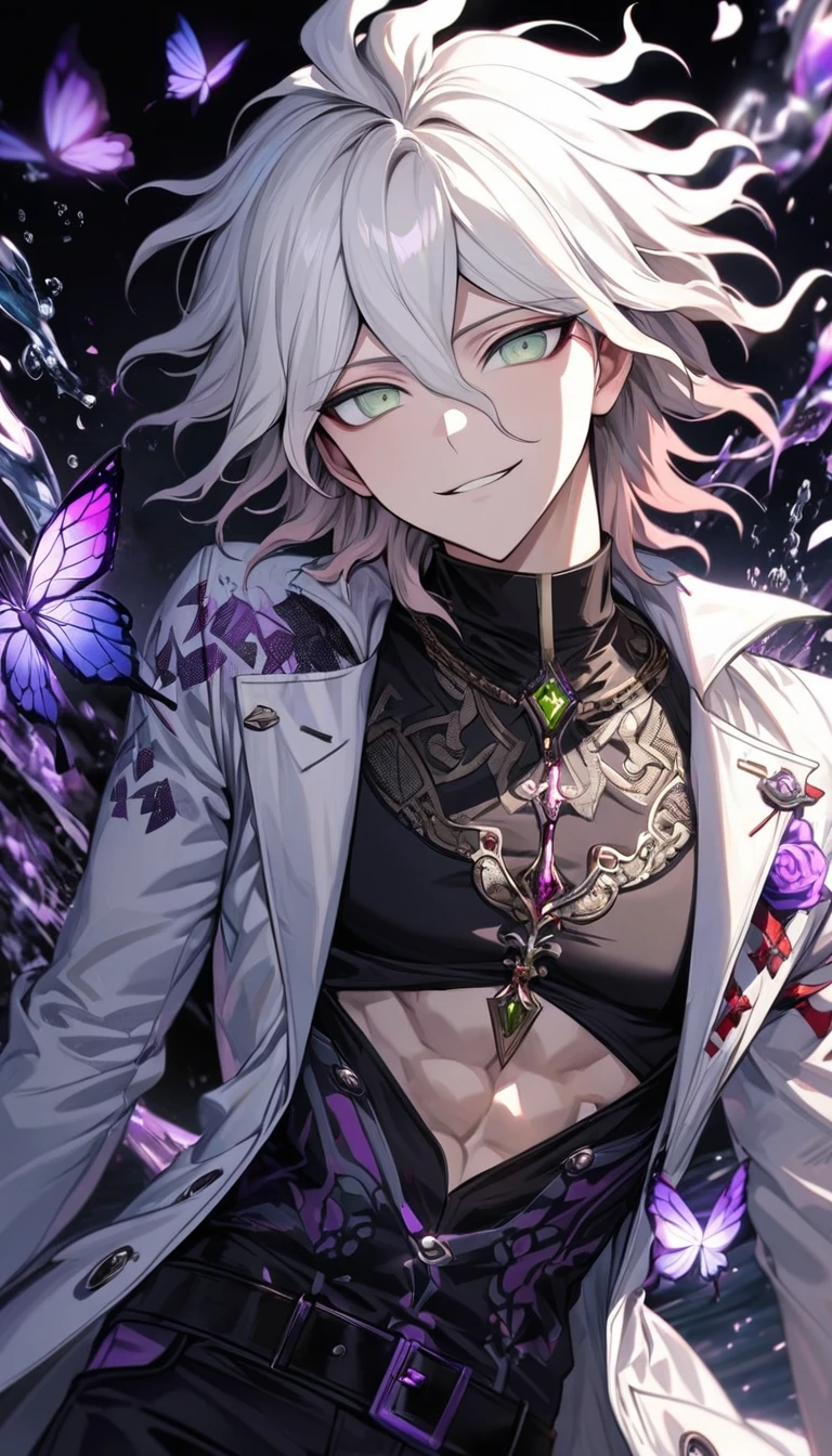 Ultra detailed, HDR, Highres, absurdres, master piece, Komaeda Nagito, white hair, expressive light green eyes, white long coat with patterns, Danganronpa, black tight shirt, purple glittering butterflies, purple ice, petals, purple ice roses, sexy man, solo, extremely detailed face and eyes, extremely handsome, glittering, water, smirking, toned chest, black gloves