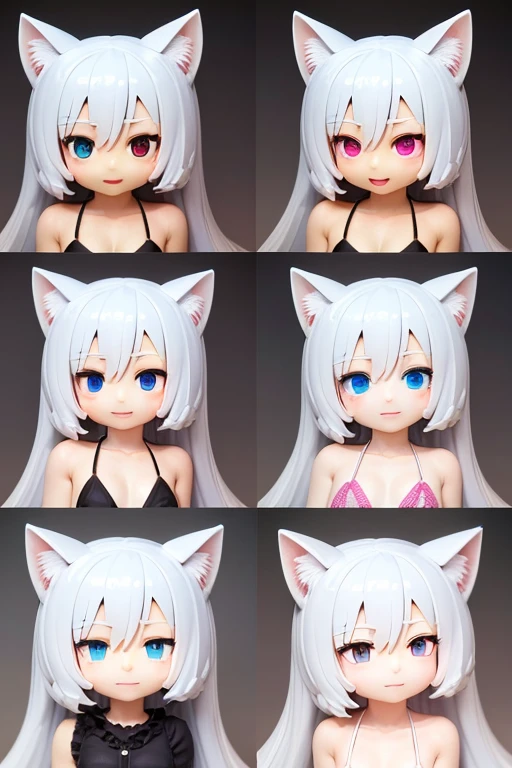 Cat ear doll, Long Hair, Bikini, Anime girl with white hair and blue eyes, White cat lady, eyes in the style of Nendoroid, Nendoroid eyes, style as Nendoroid, water color Nendoroid, Nendoroid, Nendoroid 3 d, Nendoroid, She has a pretty, expressive face, an anime Nendoroid of karl marx