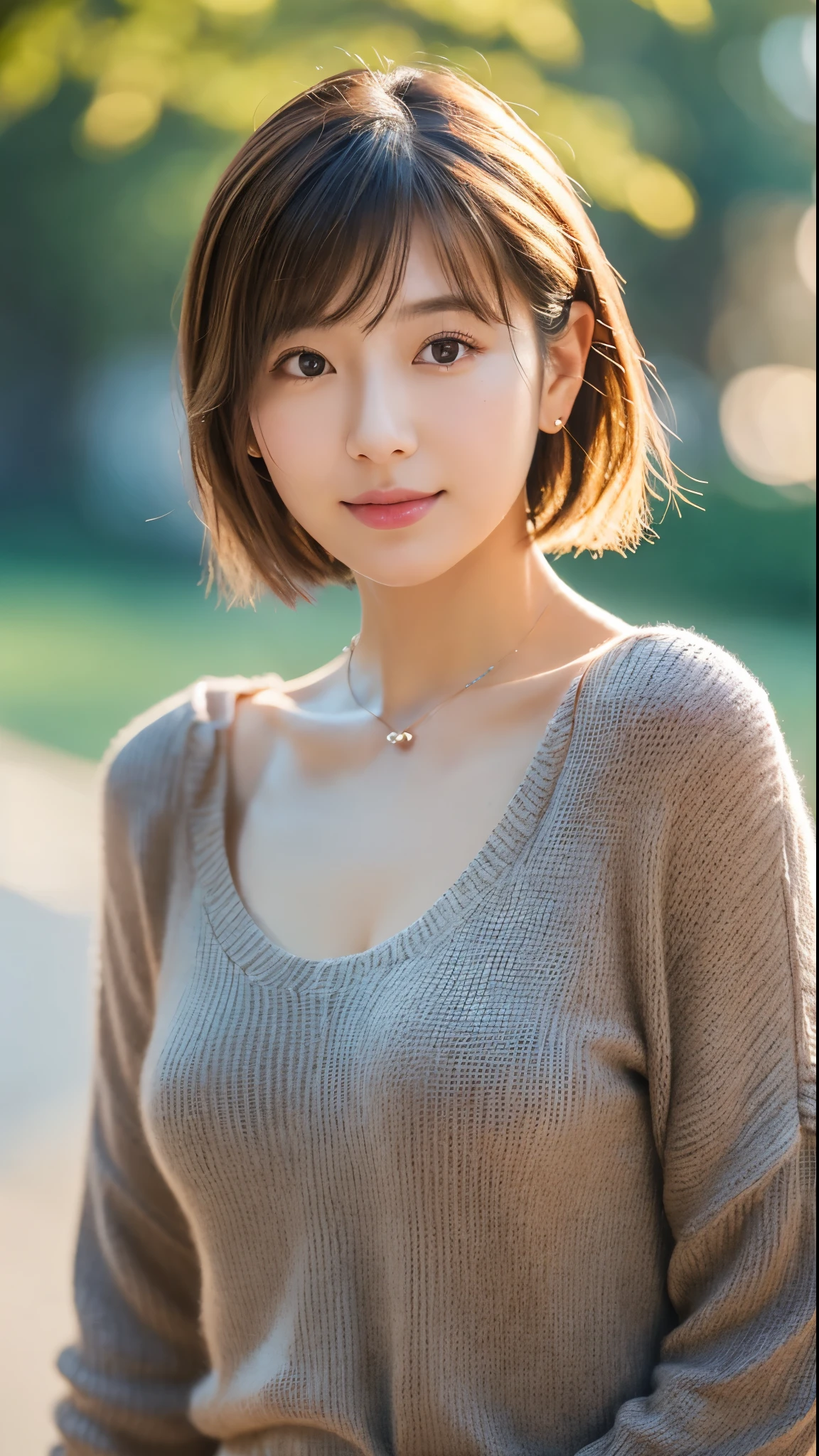 (top-quality、8K、32K、​masterpiece、nffsw:1.2)、Photo of a cute Japanese woman、middlebreast、Wolf Cut Hair、Brown-haired shorthair,FULL BODYSHOT、sface focus、High-neck sweater with exposed shoulders、a necklace、From  above、looking at the viewers、extremely delicate face, Skin and hair,well-muscled,A slender,High Style,high-level image quality、The background is in the city、Gentle eyes、