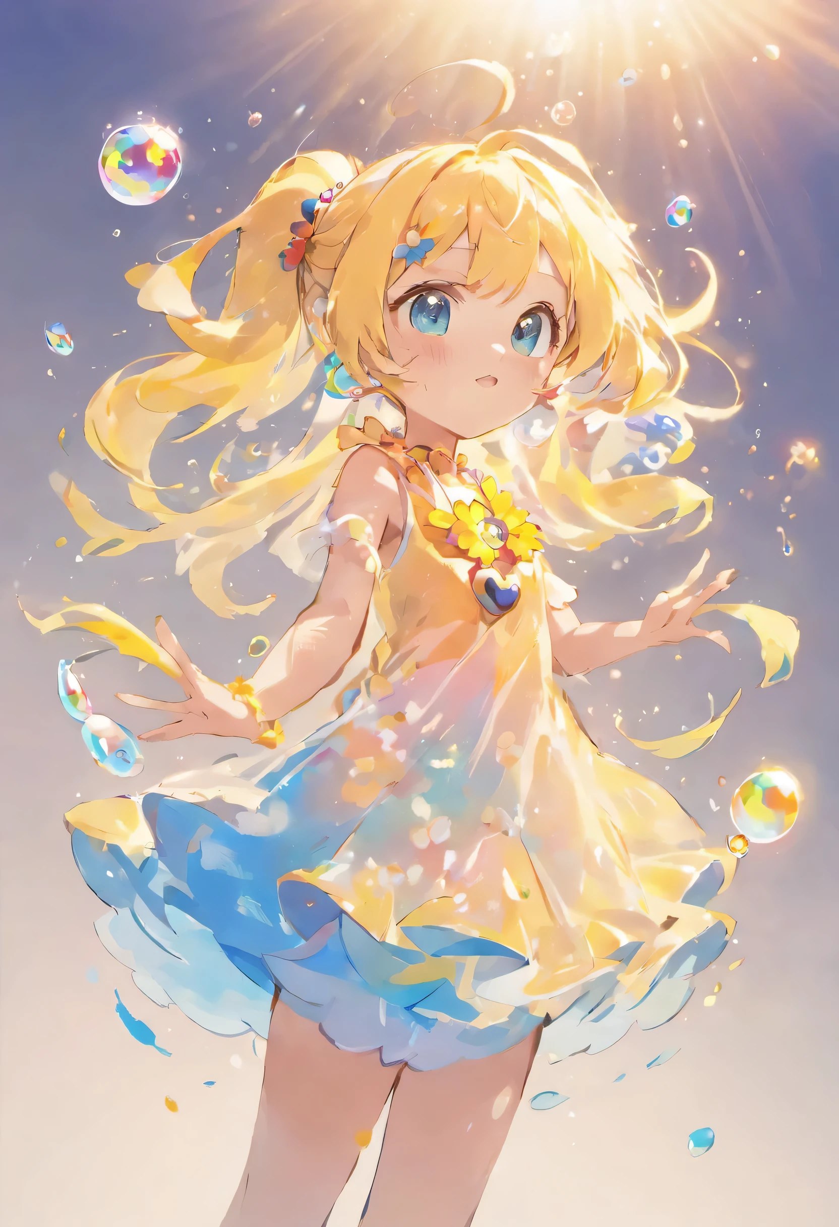 (masterpiece), (best quality), (ultra detailed),(disheveled hair),(illustration), (1girl), (Fashionable clothing), standing, Fashion model, looking at viewer, (interview), (simple background),beautiful detailed eyes, delicate beautiful face, Floating,(high saturation),(colorful splashes),colorful bubble,(shining), focus on face, ponytail, kamisato ayaka, light blue hair, bangs, hair ring, floating flowers, floating hairs, (shining), best lighting, best shadow,