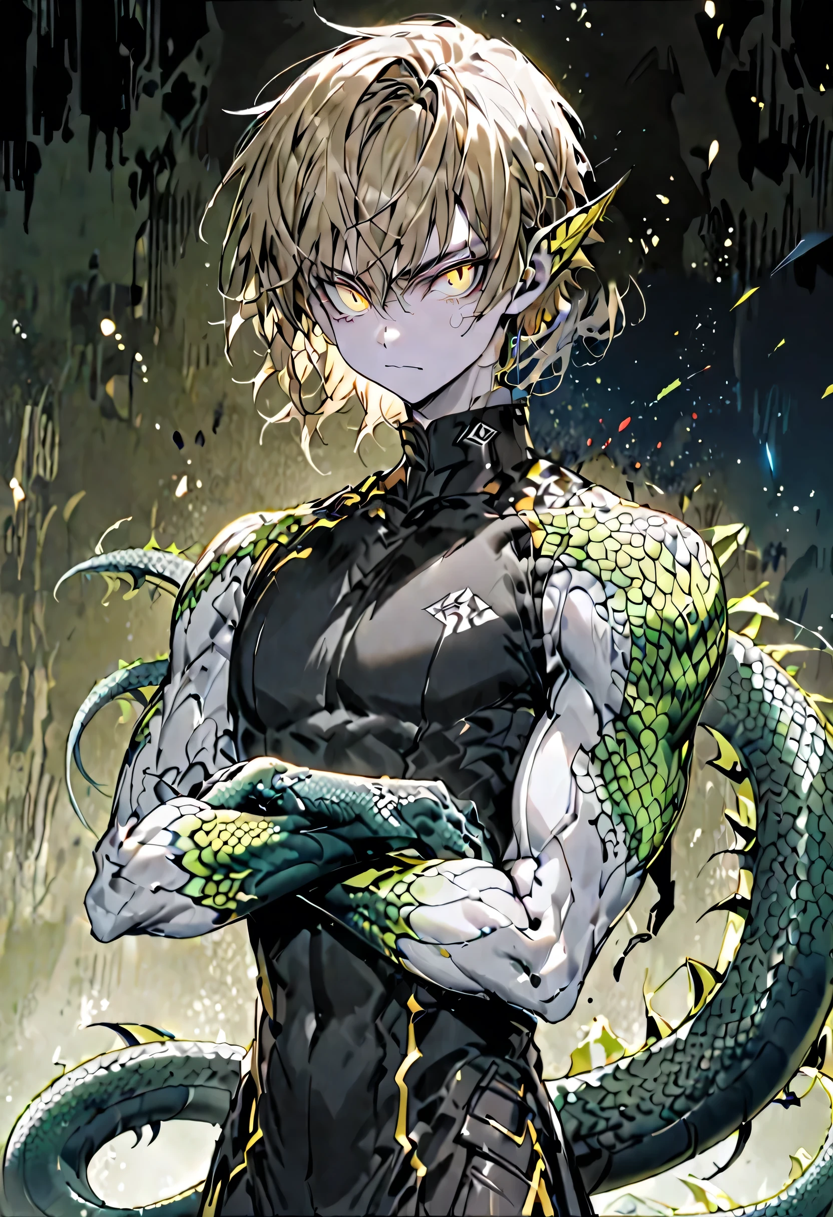 Realistic, (Masterpiece, Superior Quality, Best Quality, Official Art, Beauty and Aesthetics: 1.2), Very Detailed, Fractal Art, Colorful, More Detailed, Zentangle, (Abstract Background: 1.5) (1adult: 1.5), God, Golden Hair, Short Hair, (Shining Snake Yellow Eyes), Mysterious, (Magic), Ice, Beautiful Man, European Style