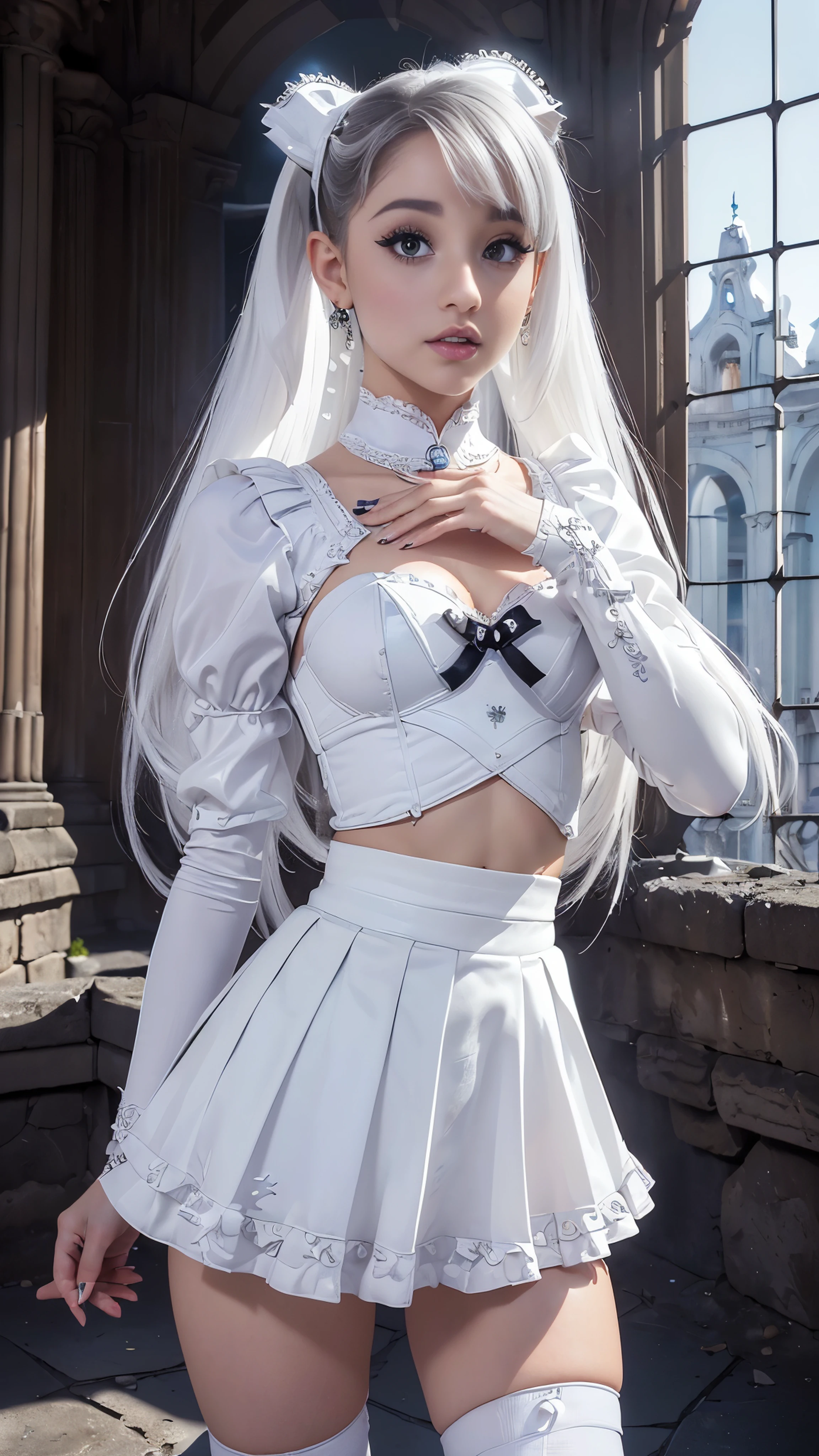(La mejor calidad,A high resolution,Ultra - detallado,actual),Ariana Grande in white latex BodySuit, _(ta miniskirt white:1.4) , ,(Fondo de ruinas de mazmorra en ruinas:1.4 ), (Detalles de la cara: 1.5, ojos azules brillantes, hermoso rostro, ojos bonitos, Contorno del iris, labios delgados: 1.5, Thin, sharp pale eyebrows, Long, dark eyelashes, double tabs),(Ariana Grande:1.4) ,( Ariana Grande V2.1), (estilo encaje white Loli :1.4), ,(Fondo de ruinas de mazmorra en ruinas:1.4 ), ,( ciberpunk 2.1)(Obra maestra: 1.4), (8K, realista, foto cruda, La mejor calidad: 1.4),(miniskirt white colegiala :1.4),( dedos detailed :1.4)