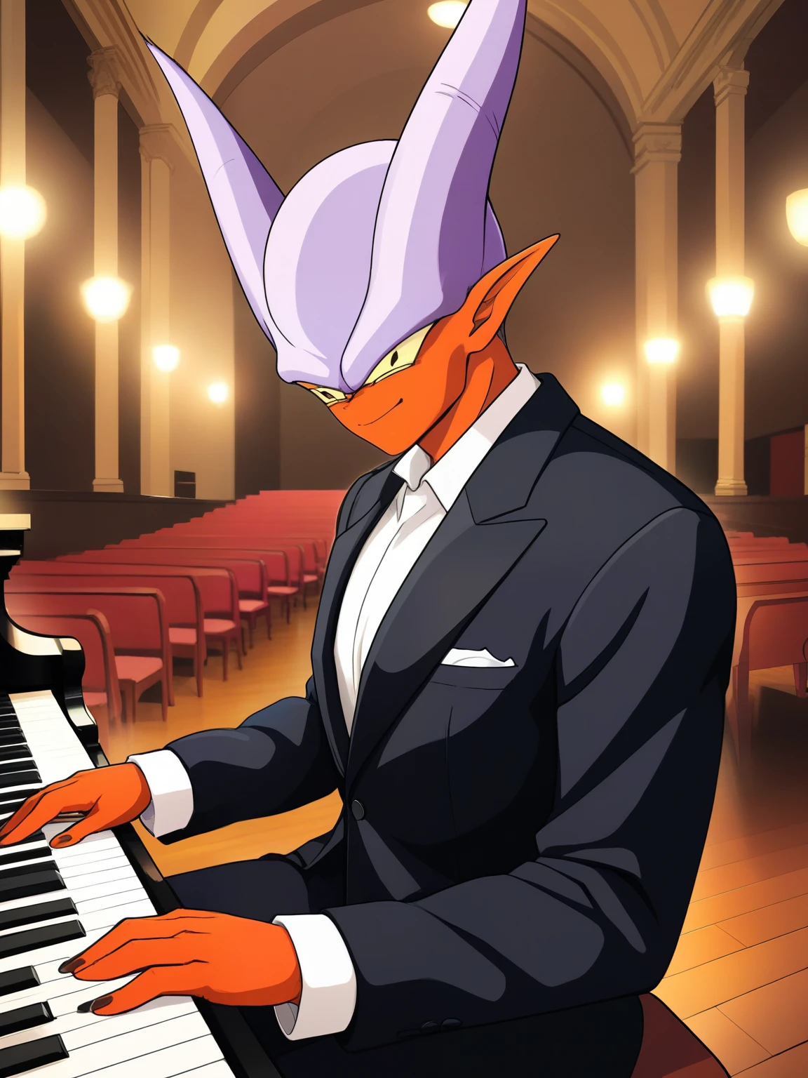 (best quality,4k,8k,highres, detailed,Janemba,masterpiece:1.2),ultra-detailed,realistic, HDR, sharp focus, professional, vivid colors, bokeh, Janemba wearing a black suit, playing the piano, elegant outfit, intricate detail, Grand Piano, polished wood surface, delicate keys, graceful posture, confident expression, intense focus, dramatic lighting, classical music ambiance, atmospheric setting