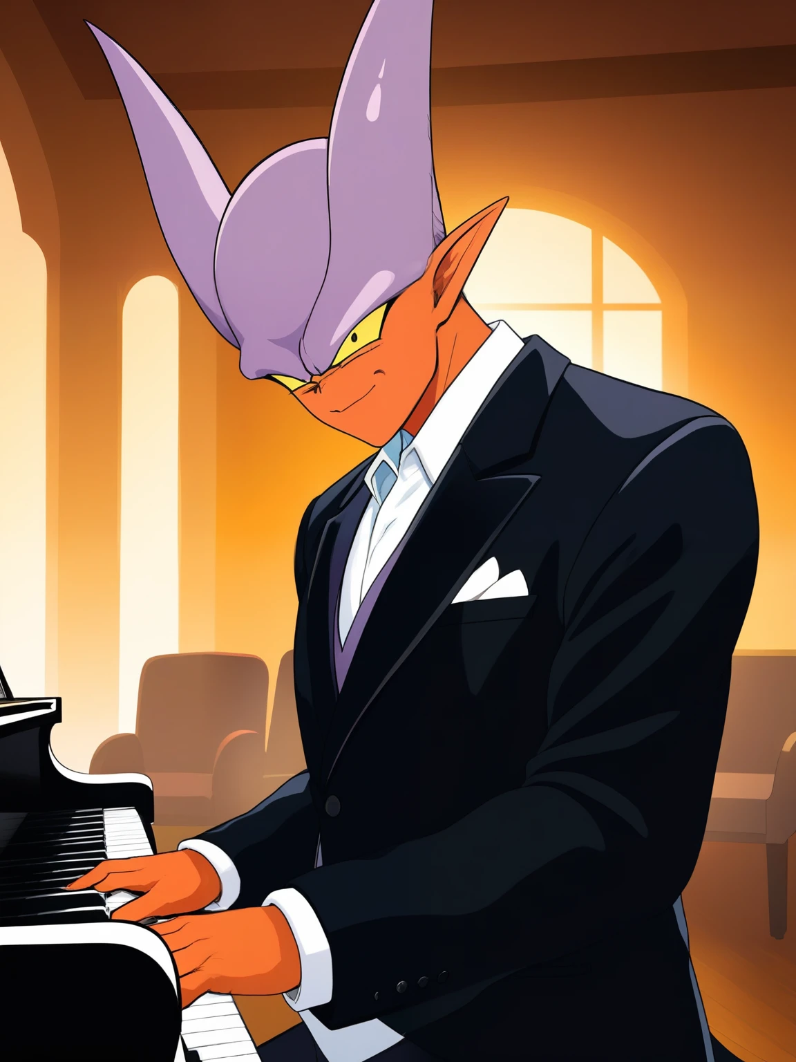 (best quality,4k,8k,highres, detailed,Janemba,masterpiece:1.2),ultra-detailed,realistic, HDR, sharp focus, professional, vivid colors, bokeh, Janemba wearing a black suit, playing the piano, elegant outfit, intricate detail, Grand Piano, polished wood surface, delicate keys, graceful posture, confident expression, intense focus, dramatic lighting, classical music ambiance, atmospheric setting