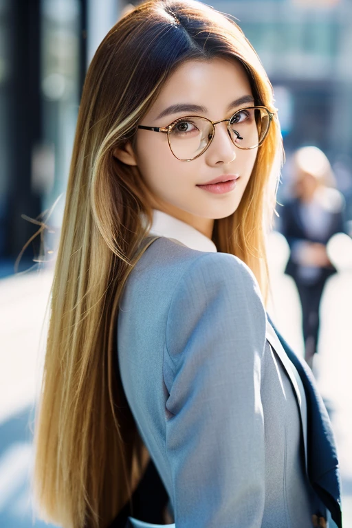 Wearing a suit ,full body,long hair,asian woman in her early 25s Female boss of the company Officelady Working Woman A blonde-haired Long Beautie Beautuful Women Sensible Strong-minded face Rimless glasses shinny skin best qualtiy、masterpiece、(Photorealsitic:1.4) (perfectly proportions)(photos realistic)(Best Quality) photographed in a Canon EOS R5, 50mm Lens, F/2.8, nffsw, (8K) (sharp focus) clothed、(Photo Real:1.4)、(hyper realisitic:1.4)、(realisitic:1.3)、 (Smoother lighting:1.05)、(Improved lighting quality in movies:0.9)、32K、 girl with、Realistic lighting、back lighting、Facial light、raytrace、(Brightening light:1.2)、(Increase quality:1.4)、 (Top quality real texture skins)、finely eye、finerly detailed face、glowy skin anatomically correct body form Office district during lunch break Sunnyday