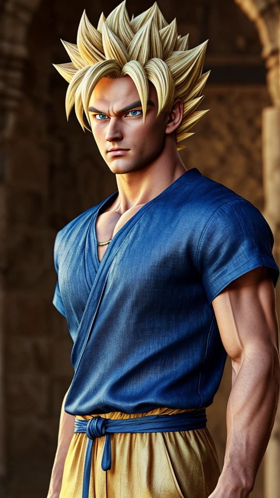 Masterpiece, Ultra realistic, 16k, high quality, incredibly detailed, dream aesthetic, dream atmosphere, pretty man. Tall. Son Goku (super saiyan) from Dragon Ball Z (Majin buu saga), shiny (pale-blond) hair, realistic pale-golden hair, messy spiky hair. Turquoise bright eyes, intense eyes look, shiny serious (blue) eyes. Pale-blond hair fluttering. blushing cheeks. tanned skin illuminated, realistic perfect shading, absurdres, realistic textures, pretty man, looking at viewer, standing. Tall. (Cotton fabric texture) orange goku shirt with (cotton fabric texture) dark blue shirt under, dark blue waist band (hyper realistic), (linen fabric texture) orange pants (real texture). details (detailed textures). quarry (background unfocused), masterpiece, best quality, Photorealistic.