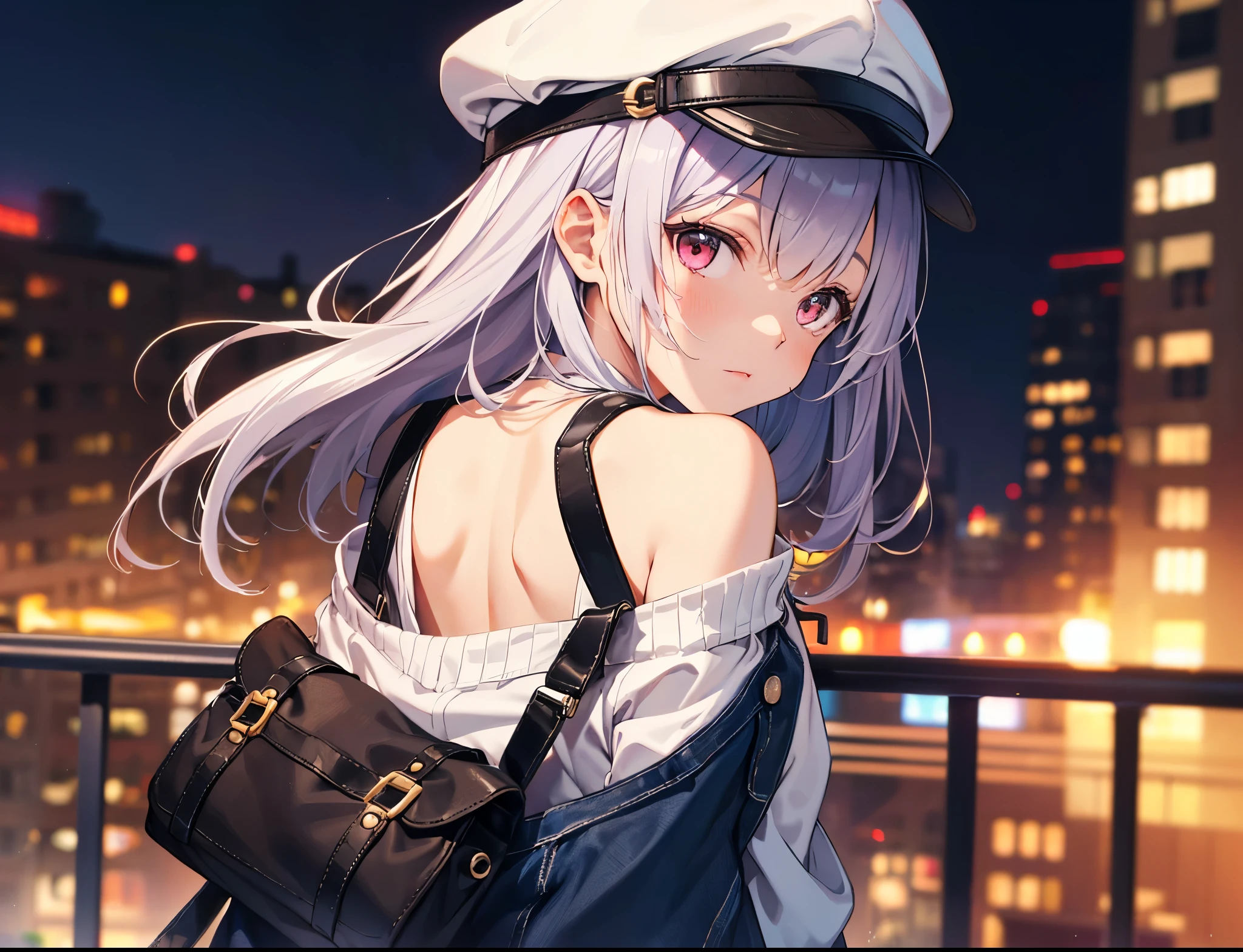 (Close-up:1.3),Realistic,highest quality, Super detailed, High-quality CG rendering, The most delicate and beautiful, Floating softly, High resolution, (1 girl), (highest quality,4K,8k,masterpiece:1.2), Light purple hair,Long Hair,Red eyes,(Brown overalls:1.3),(Pure white cap:1.3),In the city,old buildings,(Upper Body:1.3),(Turn your back to your audience:1.3),Ass,(Small shoulder bag:1.3)