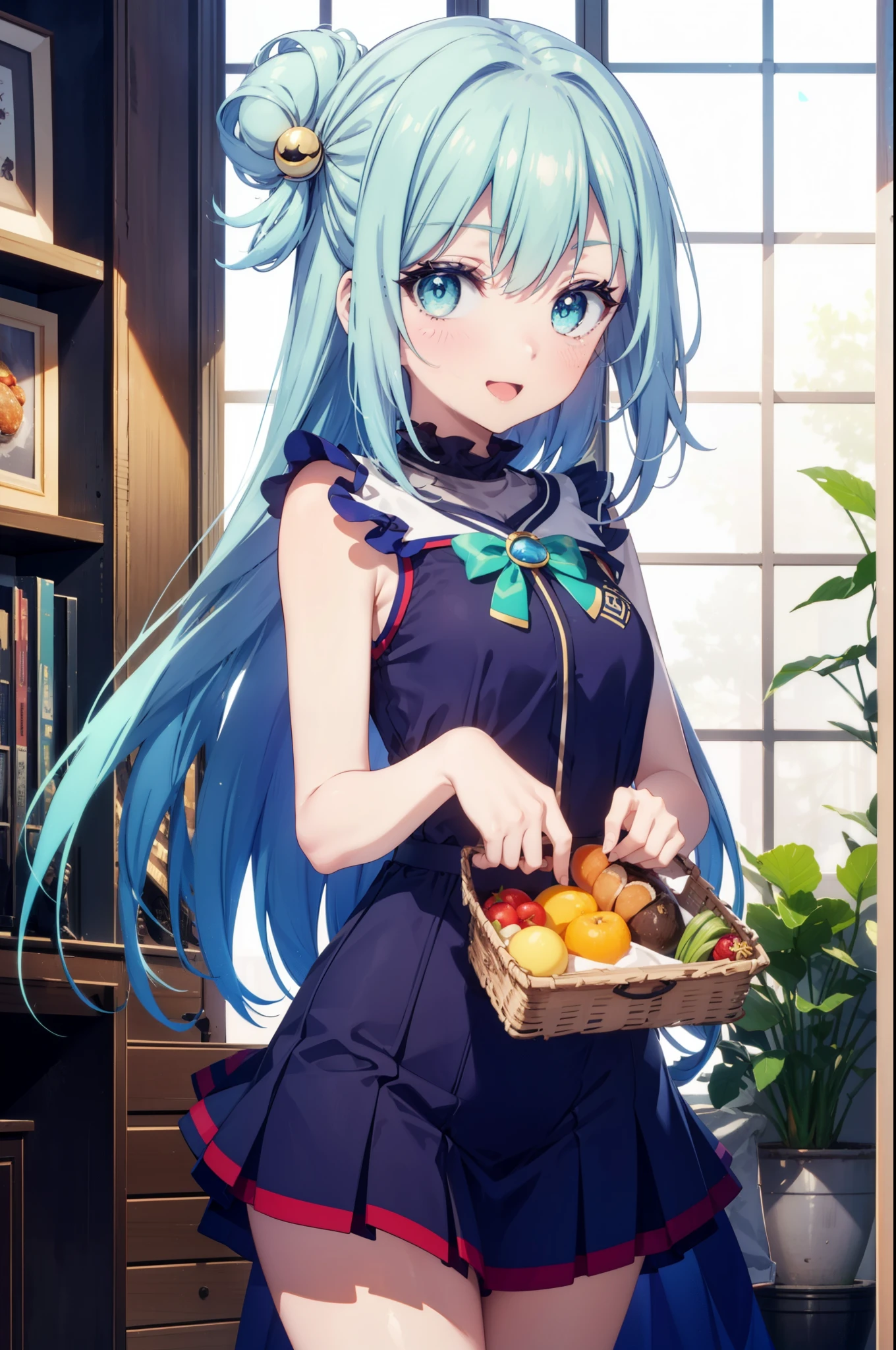 konosubaAqua, Aqua, Long Hair, blue eyes, hair ornaments, very Long Hair, Blue Hair, Hair Ring, シングルHair Ring, Hair Bobble,tooth,happy smile, smile, Open your mouth, Sleeveless dress,Long skirt,Red high-cut sneakers,whole bodyがイラストに入るように,There is food on the table,True Summer,Clear skies,Daytime,　　　　　　　　　　　　　　　break indoor, canteen,crowd, people々々々, 　　　　　　break looking at viewer, whole body ,(Cowboy Shot:1. 5)　　　　　　　　　　　　　　　　　　break (masterpiece:1.2), highest quality, High resolution, unity 8k wallpaper, (shape:0.8), (Beautiful and beautiful eyes:1.6), Highly detailed face, Perfect lighting, Extremely detailed CG, (Perfect hands, Perfect Anatomy),