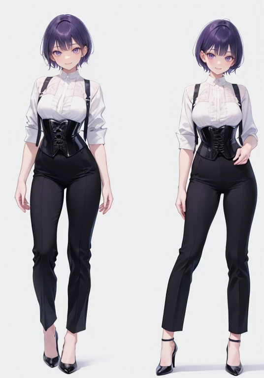 Purple hair,short cut hair,Adult female,Bartender,((Body harness)),((Rolling up your sleeves shirt)),(Corset),(slacks),(slit),High heels,((Simple background)),Smile,((Full body)),((whole body)),Character Sheet,