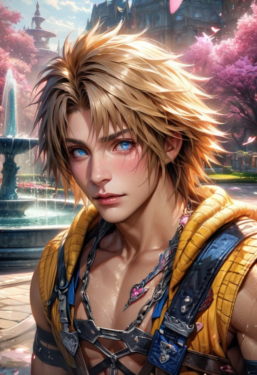 absurdres, highres, ultra detailed, HDR, master piece, ultra detailed picture, extremely detailed face and eyes, realistic face, Tidus, blonde hair, expressive blue eyes, Final Fantasy X, solo, man, handsome, pink flowers, park, fountain, pink trees, pink butterflies