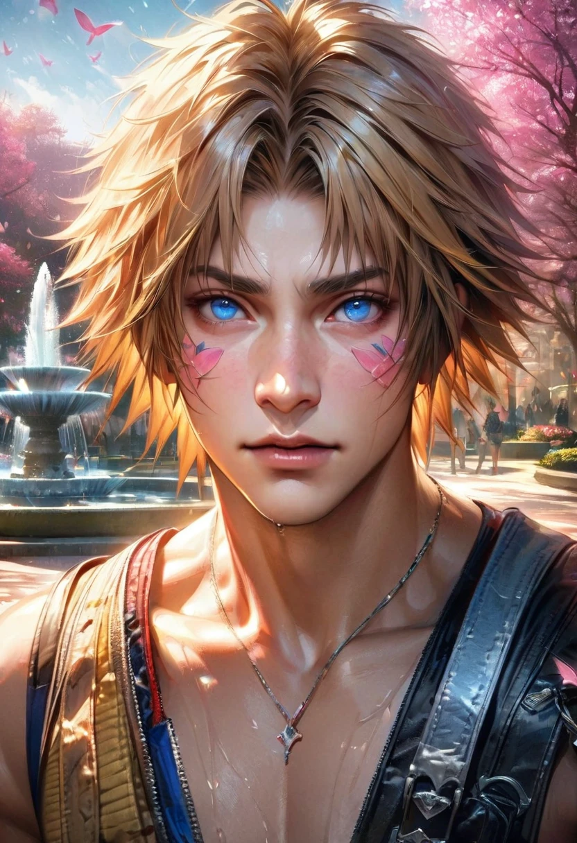 absurdres, highres, ultra detailed, HDR, master piece, ultra detailed picture, extremely detailed face and eyes, realistic face, Tidus, blonde hair, expressive blue eyes, Final Fantasy X, solo, man, handsome, pink flowers, park, fountain, pink trees, pink butterflies