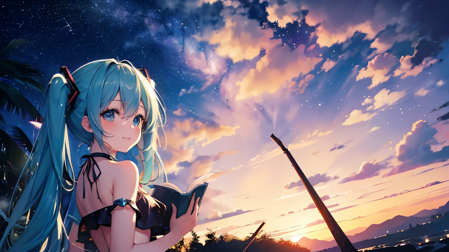 (masterpiece, highest quality, Ultra-high resolution),One girl, Under the beautiful starry sky、Reading by the campfire、Hatsune Miku in a bikini。waterfall nearby。smile。4K