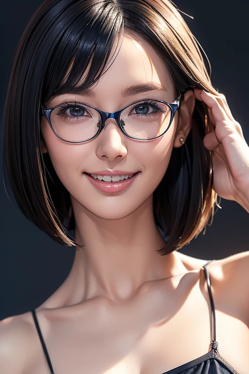 (masterpiece), (8k, best quality, high resolution), (ultra-detailed, realistic), (anatomically correct),
((face close-up)), (Standing), (No background),
(1woman), (looking at viewer),
(A Japanese woman, 30 years old and 155cm tall.),
(black hair), (straight hair), (short hair style), (bob cut), (hair behind ears),
(wear glasses), ((black cell frame glasses)),
((Wear a navy blue spaghetti strap dress)), (Mini length dress with simple design),
(Create a detailed image of the eye),
(Her impression is pure, clean and kind.),
((A captivating smile, just showing a few teeth.)),