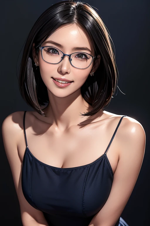 (masterpiece), (8k, best quality, high resolution), (ultra-detailed, realistic), (anatomically correct),  
((face close-up)), (Standing), (No background),
(1woman),  (looking at viewer), 
(A Japanese woman, 30 years old and 155cm tall.), 
(black hair), (straight hair), (short hair style), (bob cut), (hair behind ears), 
(wear glasses), ((black cell frame glasses)), 
((Wear a navy blue spaghetti strap dress)), (Mini length dress with simple design), 
(Create a detailed image of the eye), 
(Her impression is pure, clean and kind.), 
((A captivating smile, just showing a few teeth.)), 　 
