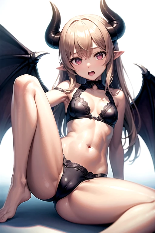 ((highest quality)), ((masterpiece)), (detailed), Perfect Face　girl　Brown Skin　Devil's Ears　Devil horns　barefoot　Leg spread　stretch　Flexible body　detailedな足　detailedな足指