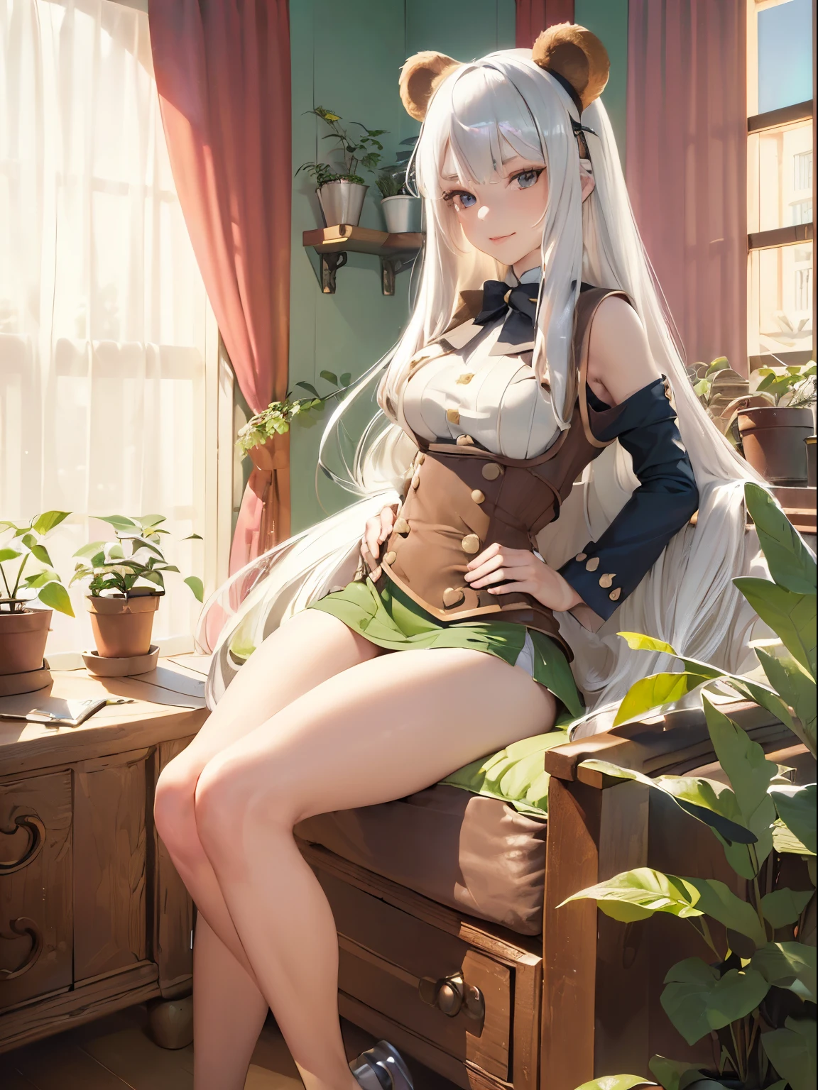 (Platinum Hair, Long hair:1.3), Small nose, Sexy lips, (Big breasts), (Awkward), Smile, 
 rest
(Vest, mini skirt:1.3), (Hands on waist:1.3), (sitting:1.2), (from the side:0.3), (Fisheye:1.2), (muscular:0.8), (Bear:1.3), (view:1.3), 
 rest
(Comfortable room, plant, curtain:1.3) , (Wooden bed, sofa, Soft cushion),  (spark:1.2), (Pastel colors:1.3), (Flat Color:1.2), (Surrealism, original photo),