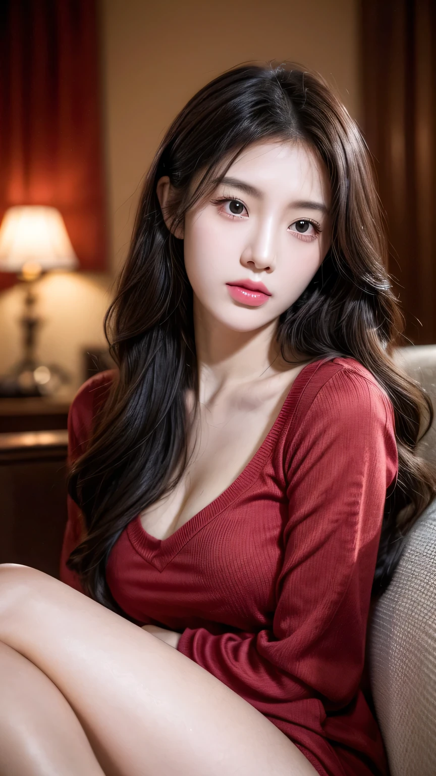 Bloom, Lens Reflection, (8k, Raw, professional, best quality, masterpiece: 1.2), (Practical, photoPractical: 1.37), Super detailed, (25mm Wide Angle Portrait), (The most delicate skin: 1.2), very detailed face, Movie Lighting, 1 Girl, curly dark hair, (windy), Stand on the couch, dark light, Looking at the camera, Large Breasts, Black and red shirt college student