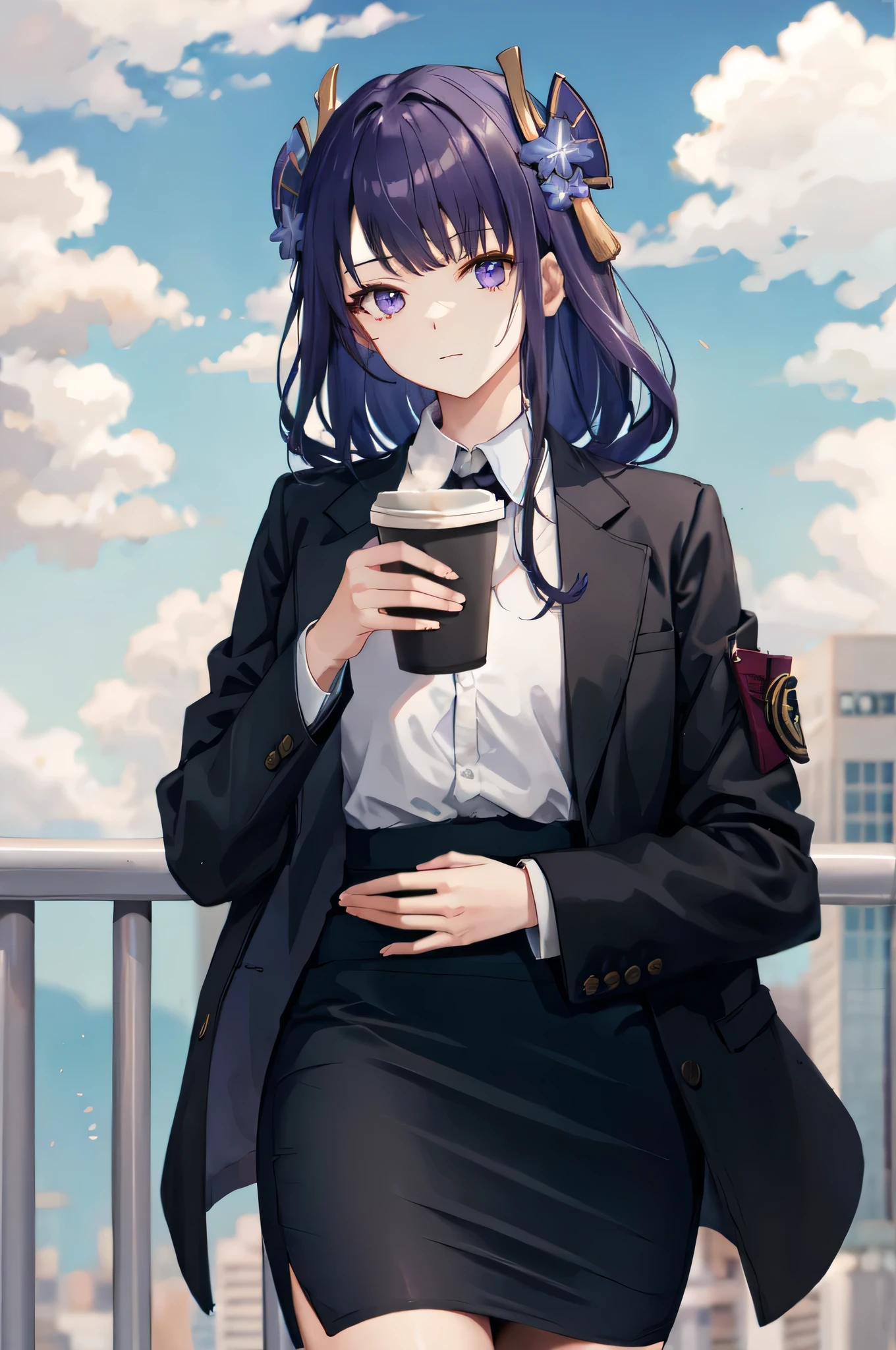 raiden shogun, cowboy shot, collared shirt, railing, hair flower, holding cup, coat on shoulders, looking at viewer, long hair, purple hair, mole, closed mouth, black jacket, cloud, black skirt, coffee cup, sky, skirt, hair ornament,  jacket, long sleeves, solo, white shirt, purple eyes, shirt, pencil skirt, mole under eye, office lady, outdoors, 1girl, jacket on shoulders, standing