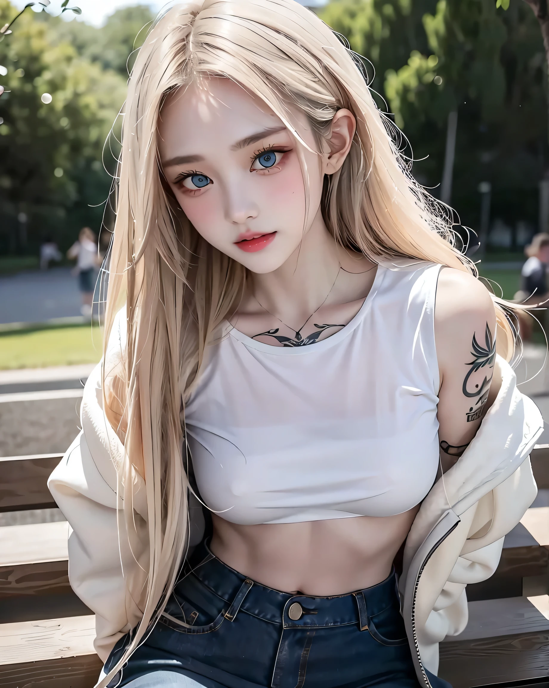 masterpiece, highest quality, One Girl, beautiful, OK, delicate, Very difficult, detailed, blonde, Jacket, blue eyes, ((masterpiece)), extremely detailed, highest quality, High resolution, ((at the park)), Bridget, smile,Wet skin and hair, blonde, (White shirt, Torn, No underwear), (Sexually excited expression:0.7), Long Hair, Open ((Perfect body)), Realistic Fashion, High resolutionシステムのdetailed, photo shoot , Sharpness,(((He has many tattoos all over his body)), (((Tight waist))), ((Big Breasts)),(See-through),panties
