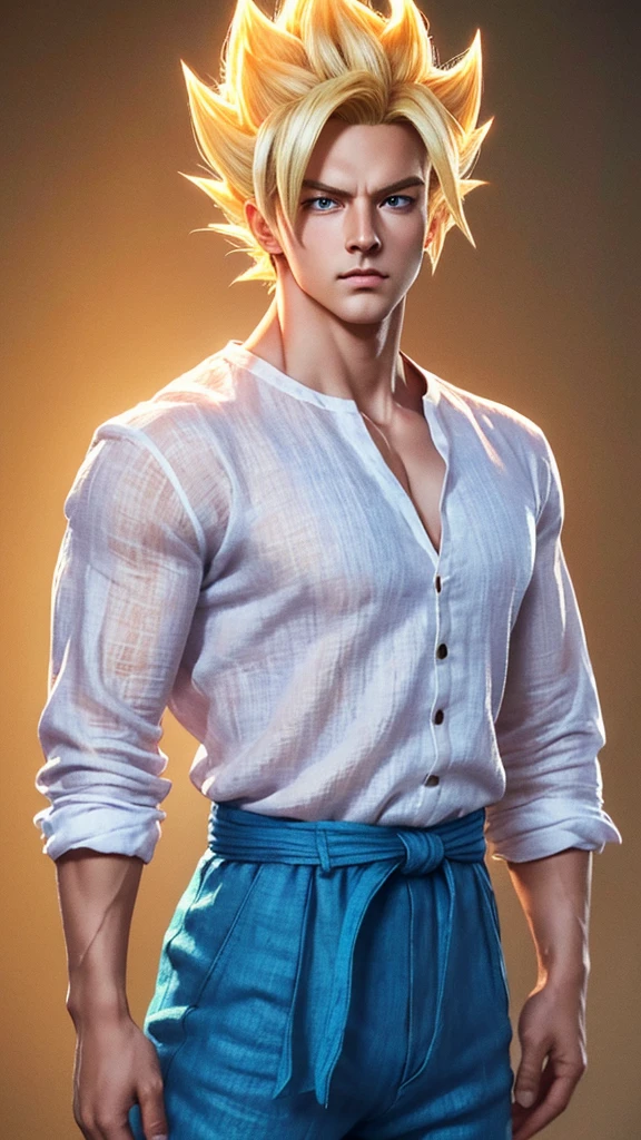 Masterpiece, Ultra realistic, 16k, high quality, incredibly detailed, dream aesthetic, dream atmosphere, pretty man. Tall. Son Goku (super saiyan) from Dragon Ball Z (Majin buu saga), shiny (pale-blond) hair, realistic pale-golden hair, messy spiky hair. Turquoise bright eyes, intense eyes look, shiny serious (blue) eyes. Pale-blond hair fluttering. blushing cheeks. tanned skin illuminated, realistic perfect shading, absurdres, realistic textures, pretty man, looking at viewer, standing. Tall. (linen fabric texture) orange goku shirt. (cotton fabric texture) dark blue shirt (under), dark blue waist band (hyper realistic), (linen fabric texture) orange pants (real texture). details (detailed textures). quarry (background unfocused), masterpiece, best quality, Photorealistic.