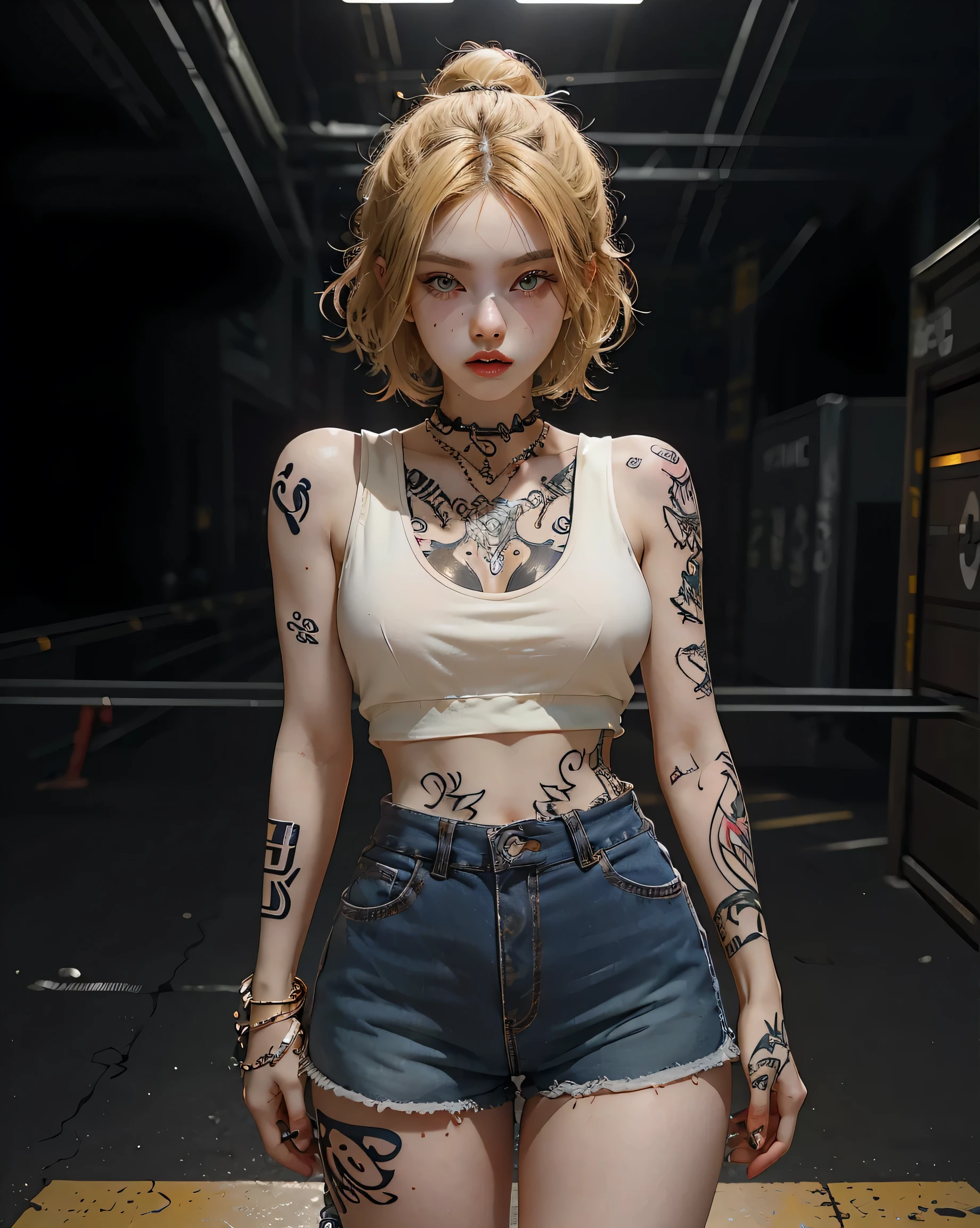 (Browsing Caution:0.7), Perfect Style, Beautiful Face, Highly detailed face and skin texture, (Maximum resolution: 1.2), 1 female,Hip Up, jewelry, (((He has many tattoos all over his body)), Streetwear, ((Tight shorts)), blonde, ,sneakers, (((Tight waist))), ((Big Breasts)),(See-through)