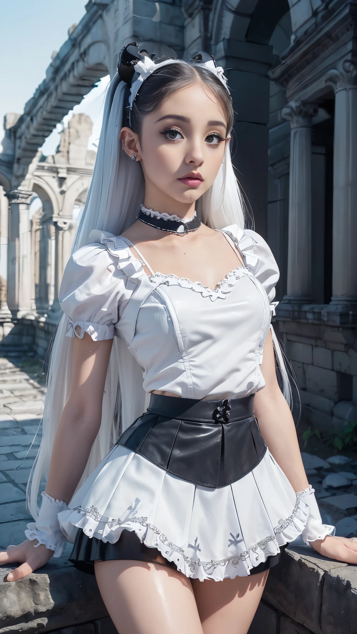 (La mejor calidad,A high resolution,Ultra - detallado,actual),Ariana Grande in white latex BodySuit, _(Lolita miniskirt white:1.4) , ,(Fondo de ruinas de mazmorra en ruinas:1.4 ), (Detalles de la cara: 1.5, ojos azules brillantes, hermoso rostro, ojos bonitos, Contorno del iris, labios delgados: 1.5, Thin, sharp pale eyebrows, Long, dark eyelashes, double tabs),(Ariana Grande:1.4) ,( Ariana Grande V2.1), (estilo encaje white Lolita _ :1.4), ,(Fondo de ruinas de mazmorra en ruinas:1.4 ), ,( ciberpunk 2.1)(Obra maestra: 1.4), (8K, realista, foto cruda, La mejor calidad: 1.4),(miniskirt white colegiala :1.4),( dedos detailed :1.4) 