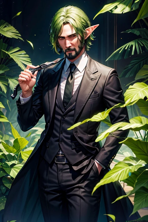 A Male elf who looks like John Wick named Keanu Leaves green skin leaf hair green hair green skin green