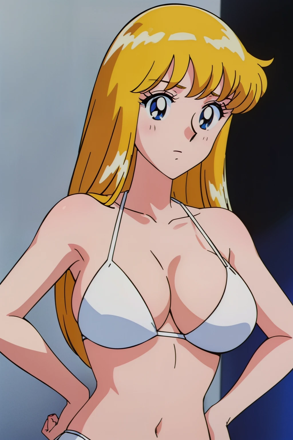 (anime cels style, Masterpiece, best quality, high resolution, anime colored, megami magazine:1.2, anime poster style, anime keyvisual, sharp, 8k, photorealistic), (beautiful eyes:1.5), reiko_aiwaifu, 1woman, milf, blond hair, long hair, (sagging huge breast), micro bikini, cleavage, (upper body:1.5), standing, (perfect detailed anatomy, perfect arms, perfect fingers, beautiful face, perfect body, shiny skin), (simple background:1.5),