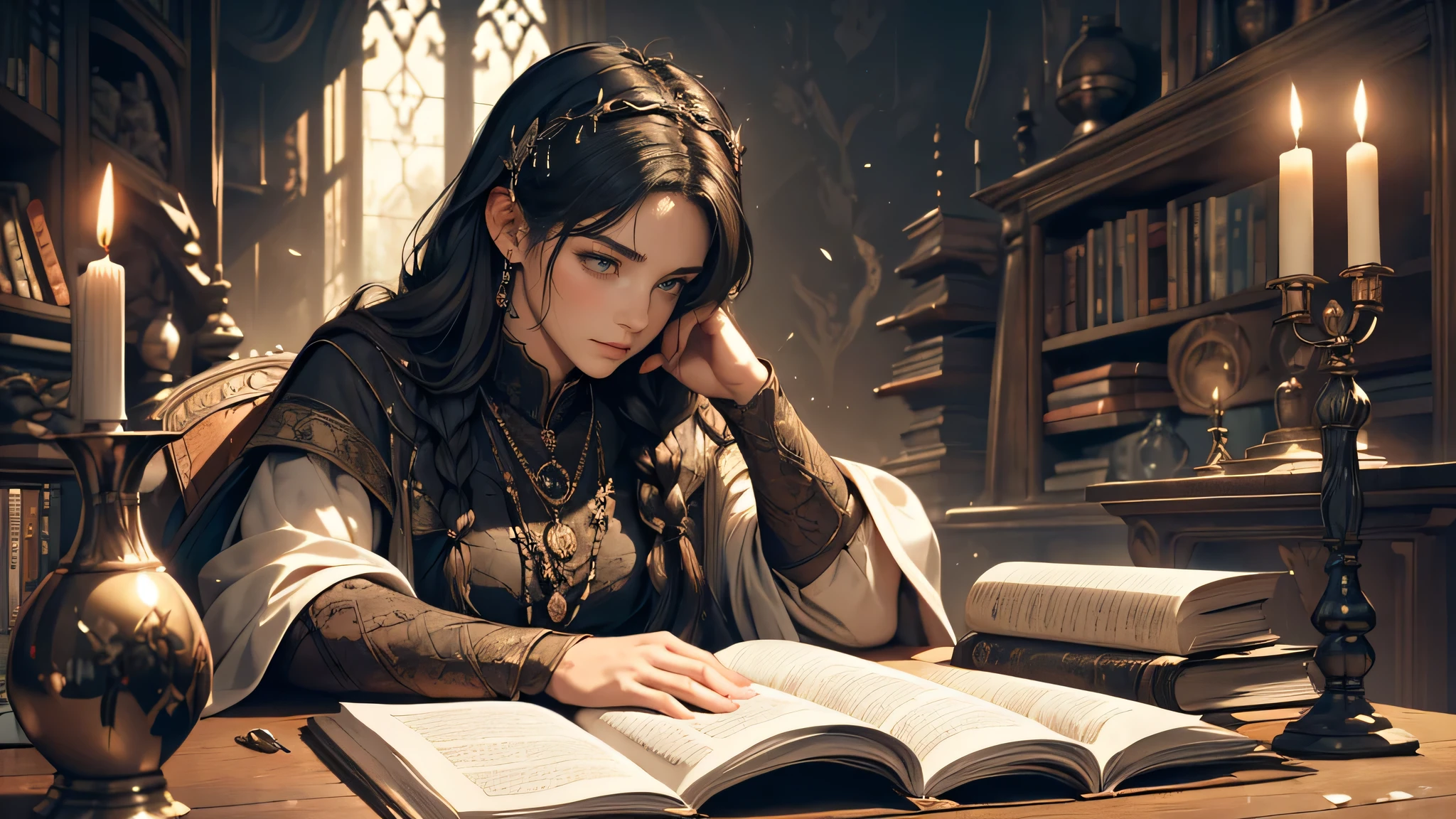 (best quality,4k,8k,highres,masterpiece:1.2),ultra-detailed,(realistic,photorealistic,photo-realistic:1.37),girl,long black hair,braids,white garment shirt,reading,ancient parchment,dark room,candlelight,gloomy face,medieval fantasy theme,storybook illustration,aged paper texture,gothic architecture,vintage candlestick,soft shadows,ethereal atmosphere,mysterious aura,dramatic lighting,ominous ambiance,detail-oriented illustration,subtle highlights,expressive eyes,lost in the book,intense emotions,unique protagonist,elaborate hair accessory,authentic medieval setting,soft candle glow,complex composition,magic in the air,dense atmosphere,whimsical elements,contrasting light and shadow,subdued color palette,gradual transition of tones,vivid imagination,faded background details