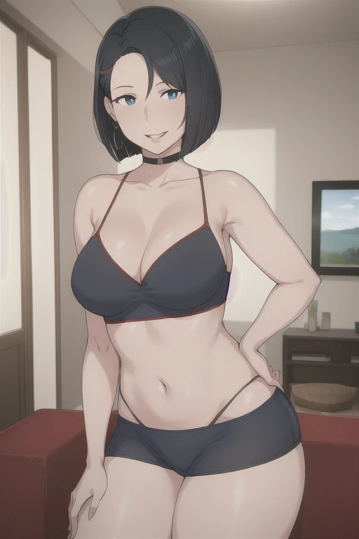 NTRman, masterpiece, best quality, 1girl, solo, mature female, short black hair, curled bob haircut, middle parted hairstyle, blue eyes, healthy complexion, red lipstick, seductive smile, skinny arms, skinny waist, wide hips, thick thighs, cyan red bra, living room background
