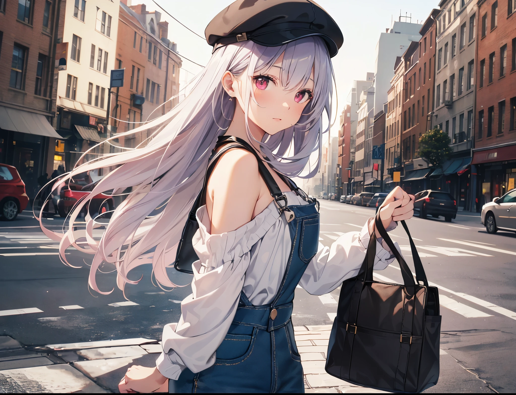 (Close-up:1.3),Realistic,highest quality, Super detailed, High-quality CG rendering, The most delicate and beautiful, Floating softly, High resolution, (1 girl), (highest quality,4K,8k,masterpiece:1.2), Light purple hair,Long Hair,Red eyes,(Brown overalls:1.3),(Pure white cap:1.3),In the city,old buildings,(whole body:1.3),(Turn your back to your audience:1.3),Ass,(Small shoulder bag:1.3)