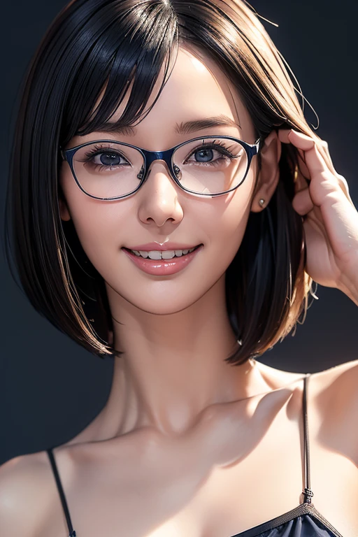 (masterpiece), (8k, best quality, high resolution), (ultra-detailed, realistic), (anatomically correct),  
((face close-up)), (Standing), (No background),
(1woman),  (looking at viewer), 
(A Japanese woman, 30 years old and 155cm tall.), 
(black hair), (straight hair), (short hair style), (bob cut), (hair behind ears), 
(wear glasses), ((black cell frame glasses)), 
((Wear a navy blue spaghetti strap dress)), (Mini length dress with simple design), 
(Create a detailed image of the eye), 
(Her impression is pure, clean and kind.), 
((A captivating smile, just showing a few teeth.)), 　 
