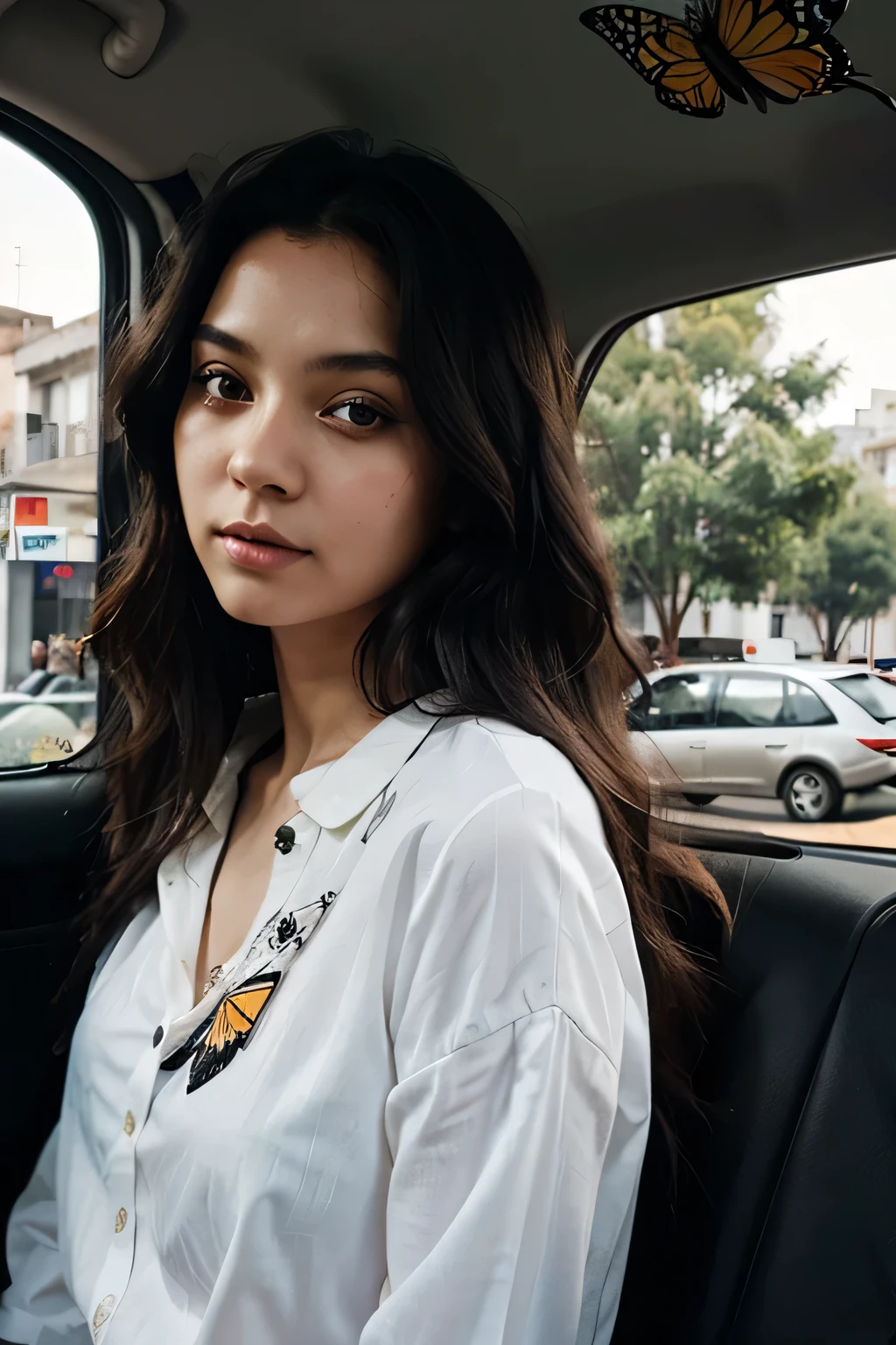 A thin girl, with long, wavy black hair, black eyes and an oval face inside the car wearing a white blouse with a butterfly drawn on it