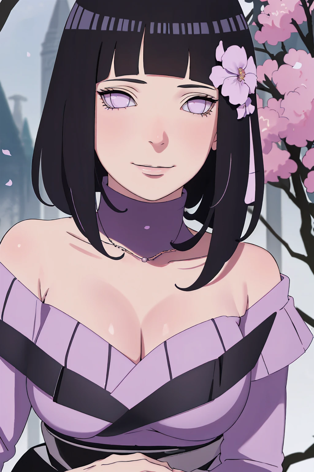 { - anatomy error} (Masterpiece - Ultra-detailed, very high resolution) (huge titusty, masterpiece, absurdres, hinata\(boruto\), 1girl, solo,mature female, off-shoulder bra, high waist black short skirt, looking at viewelling petals), perfect composition, detailed lips, big breast, beautiful face, body propotion, blush, (pink lips), short hair, (black hair), purple eyes, soft gaze, super realistic, detailed, photoshoot, realistic face and body, closed mouth , lilac eyes, upper body, lace clothes, backwards, looking back, with chin resting on shoulder, perfect fingers, naught smile