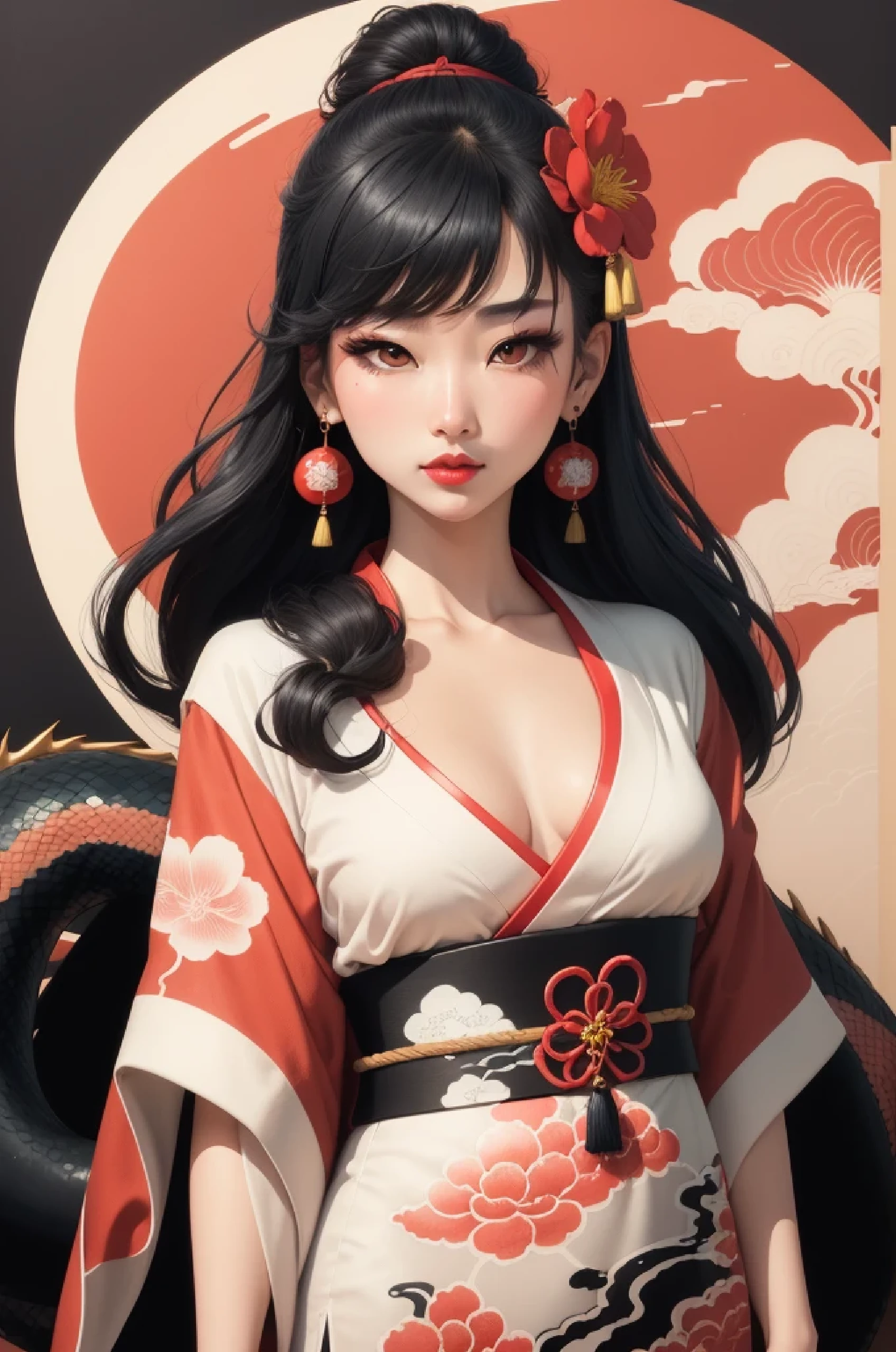 a (((sumi-e ink illustration))), integrating elements of Japanese calligraphy, Official Art, Unity 8K Wallpaper, Extreme Detailed, Beautiful and Aesthetic, Masterpiece, Top Quality, illustration, comic style, perfect anatomy, centered, vintage, black and white contrast, 1girl, solo, long hair, looking at viewer, bangs, black hair, hair ornament, red eyes, holding, jewelry, closed mouth, upper body, flower, earrings, japanese clothes, hair flower, kimono, parted bangs, makeup, chinese clothes, floral print, tassel, red background, snake, dragon, red lips, eastern dragon