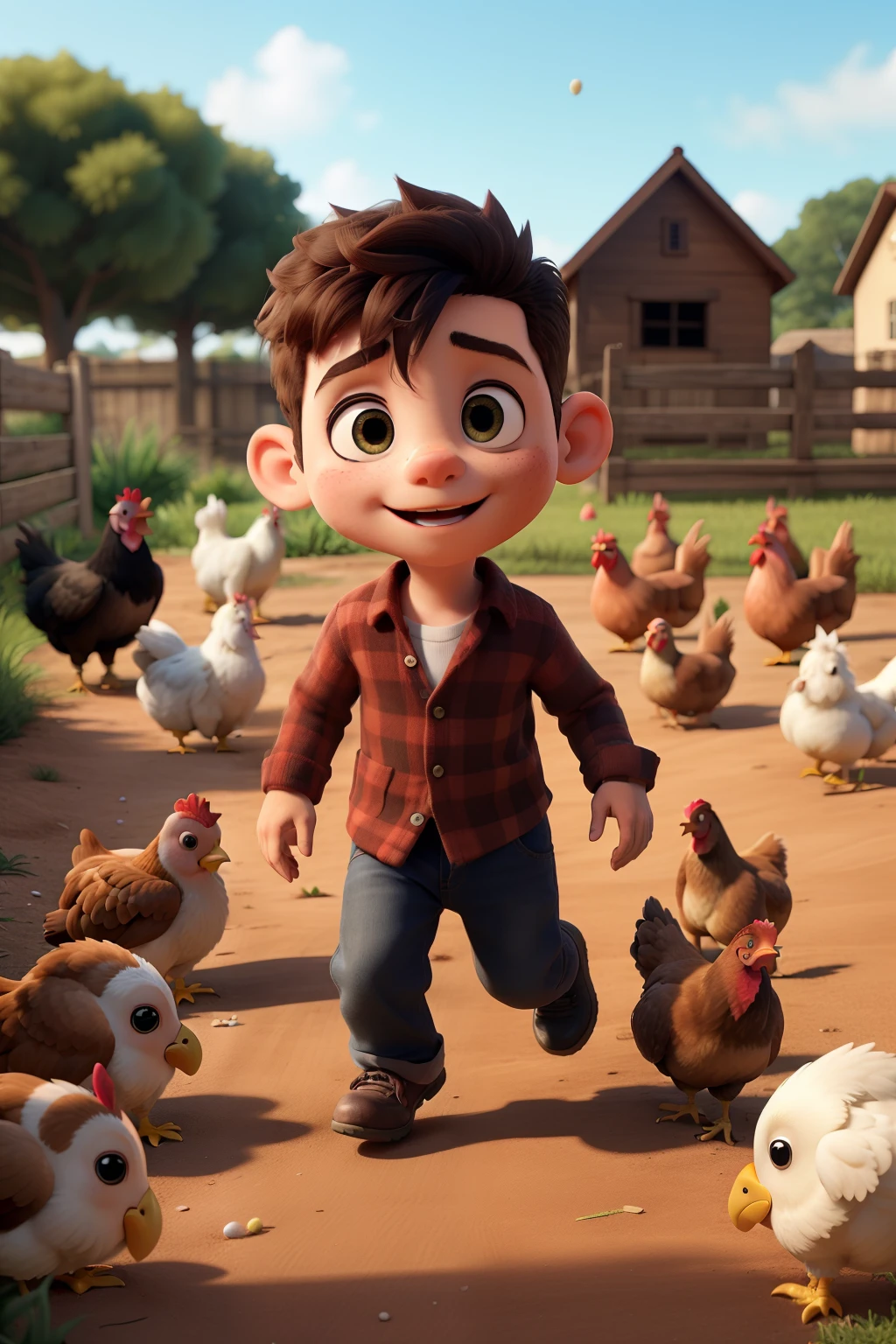 a little boy stealing eggs fron the chickens, running, chickens chasing him, he is scared ((melhor qualidade)), ((obra de arte)), (detalhado), rosto perfeito