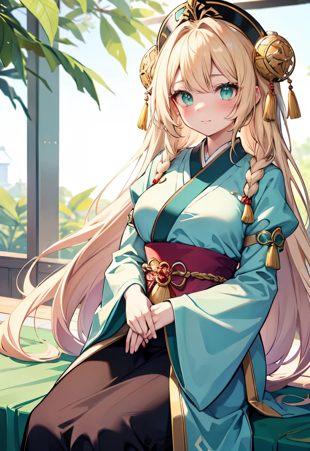 blond，Green Eyes，Long hair，Double tail，blush，Turn off the screen（Three Kingdoms）Large Breasts，Cyan Hanfu，Royal sister