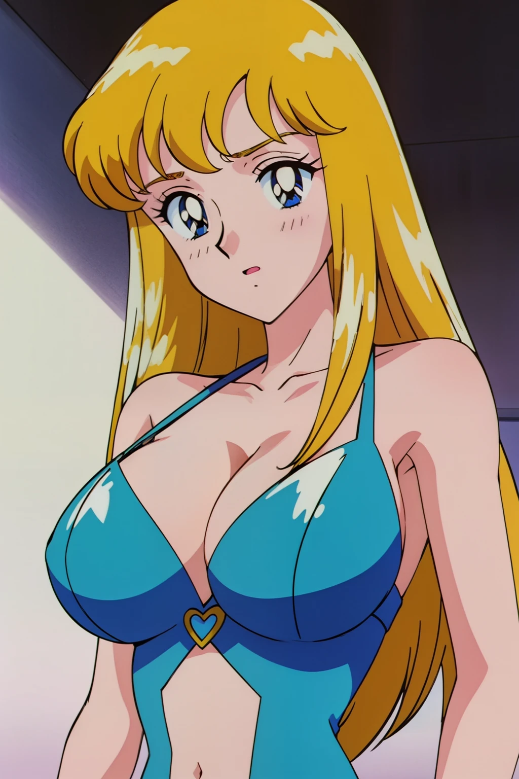 (anime cels style, Masterpiece, best quality, high resolution, anime colored, megami magazine:1.2, anime poster style, anime keyvisual, sharp, 8k, photorealistic), (beautiful eyes:1.5), reiko_aiwaifu, 1woman, milf, blond hair, long hair, (sagging huge breast), micro bikini, cleavage, (upper body:1.5), standing, (perfect detailed anatomy, perfect arms, perfect fingers, beautiful face, perfect body, shiny skin), (simple background:1.5),